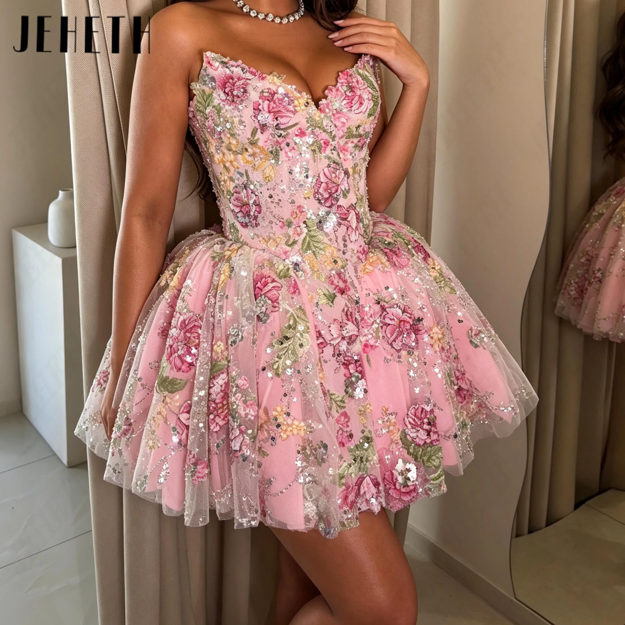 JEHETH 2026 Floral Sequined Lace Prom Dress Sexy A-Line Embroidery Homecoming Gown Sweetheart Mini Party Dresses Customized