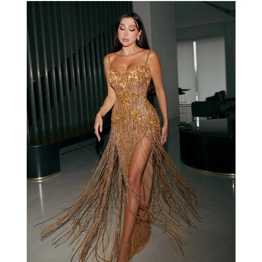 Stunning Gold Women Evening Dresses Sparkly Beads Sleeveless Prom Gowns Long Tassels Customized Special Occasion Dresses