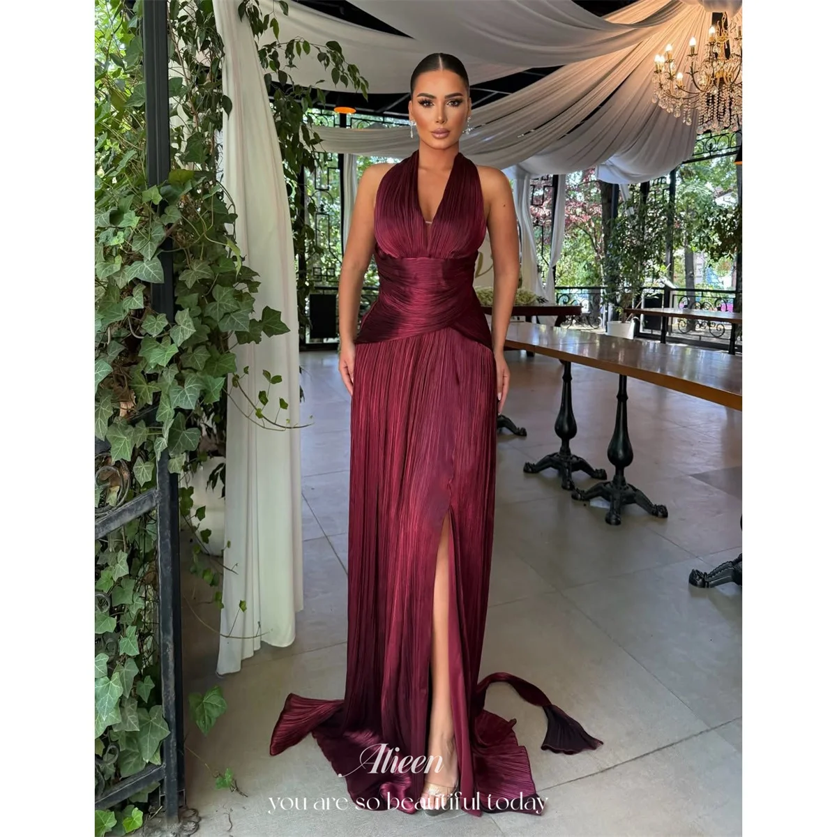 Aileen Wine Prom Dress Straight Halter Sleeveless Evening Dresses Metallic Pleated Front Ruched Waistband Party Event Customized