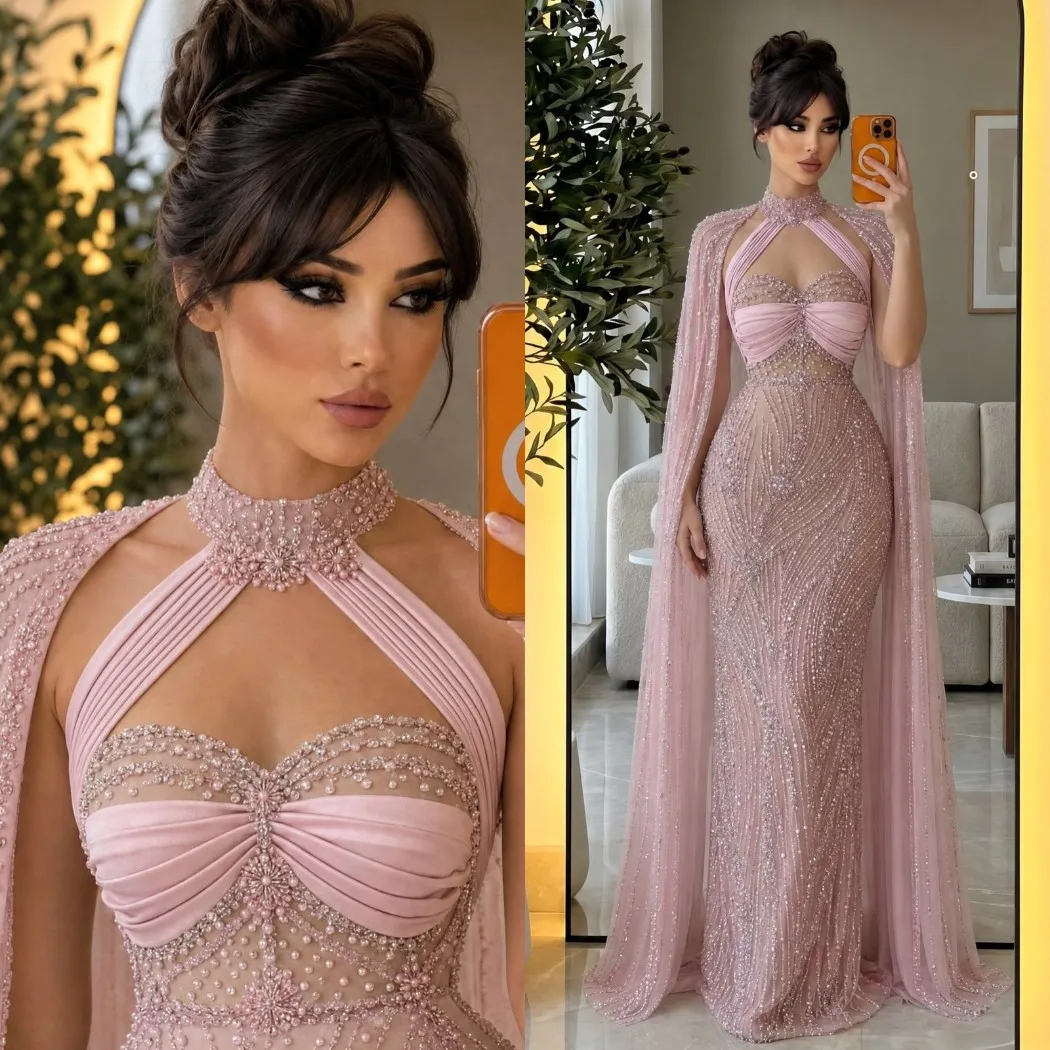 Gorgeous Pearls Mermaid Evening Dresses Sleeveless With Cape Prom Gowns Beaded Floor Length Customized Birthday Party