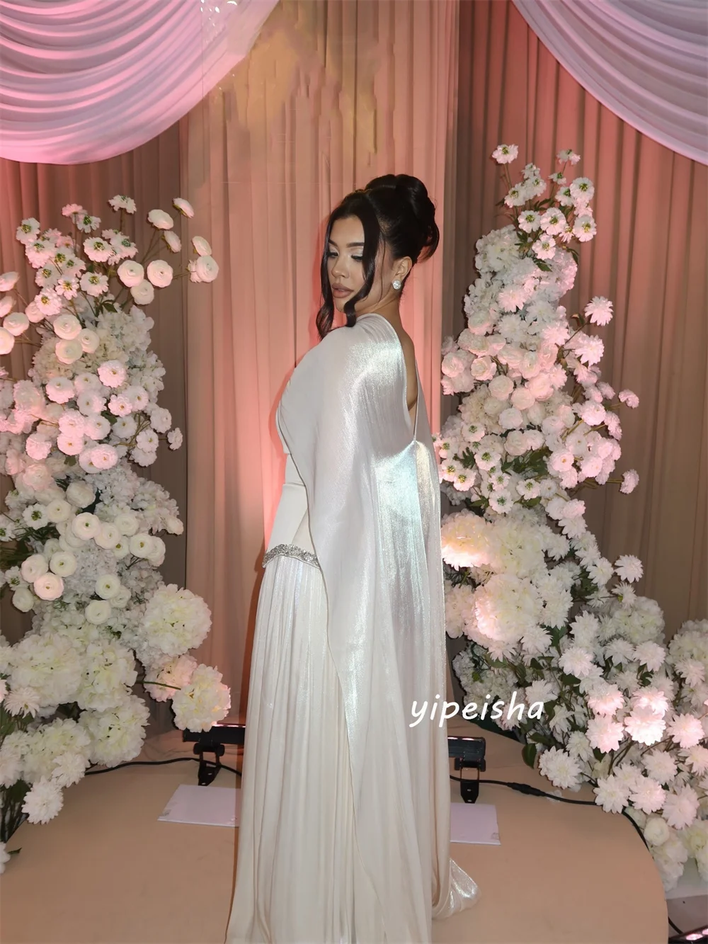 Customized Elegant Chinese Style Jersey Rhinestone Pleat A-line High Collar Long Dresses Evening Dresses Exquisite for Woman
