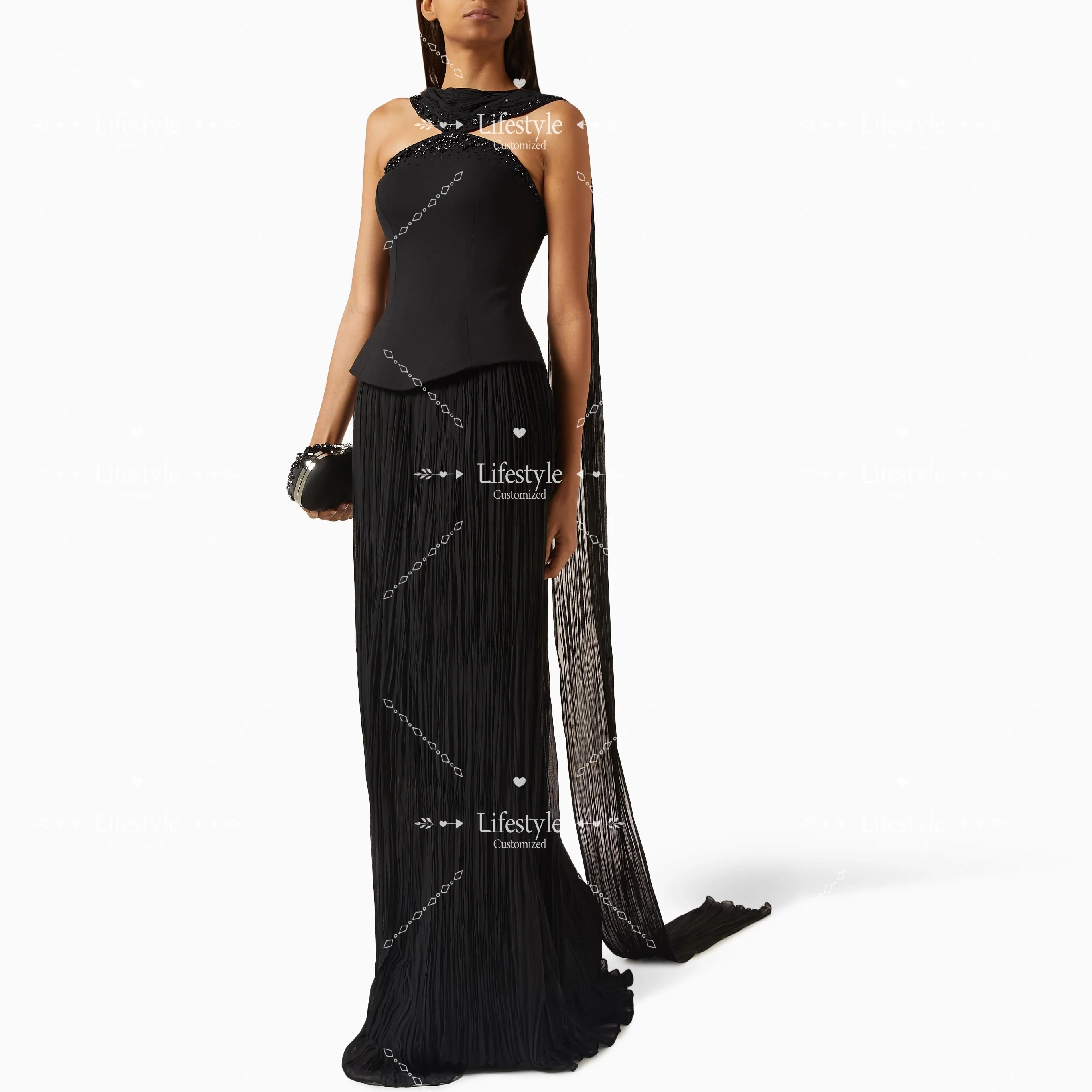 Customized Black Sleeveless Beads Luxury Evening Dresses for Formal Occasion Pleats Long Cape Prom Dress Floor-length Party Gown