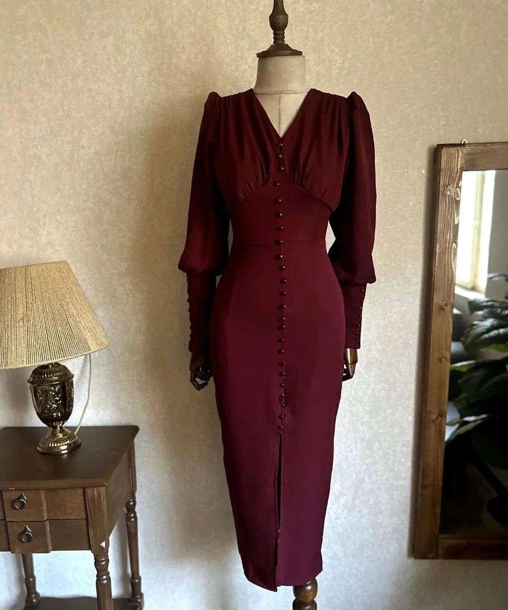 Customized Exquisite Jersey Button Column V-neck Midi Bespoke Occasion Evening Dresses Modern Style Classic