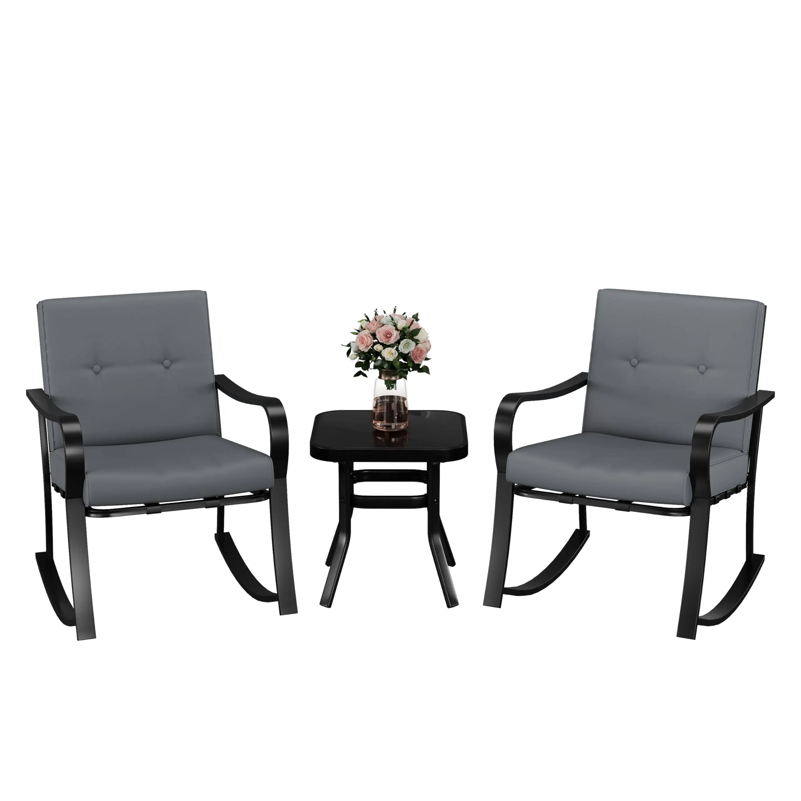 3-teiliges Garten-Schaukelstuhl-Set, Outdoor-Bistro-Set mit 2 gepolsterten Schaukelstühlen und 1 Tisch mit Glasplatte, robustem, verdicktem, rostfreiem Metallrahmen, langlebige Gartenmöbel für Balkon, Garten, Terrasse, Poolbereich, Hinterhof.