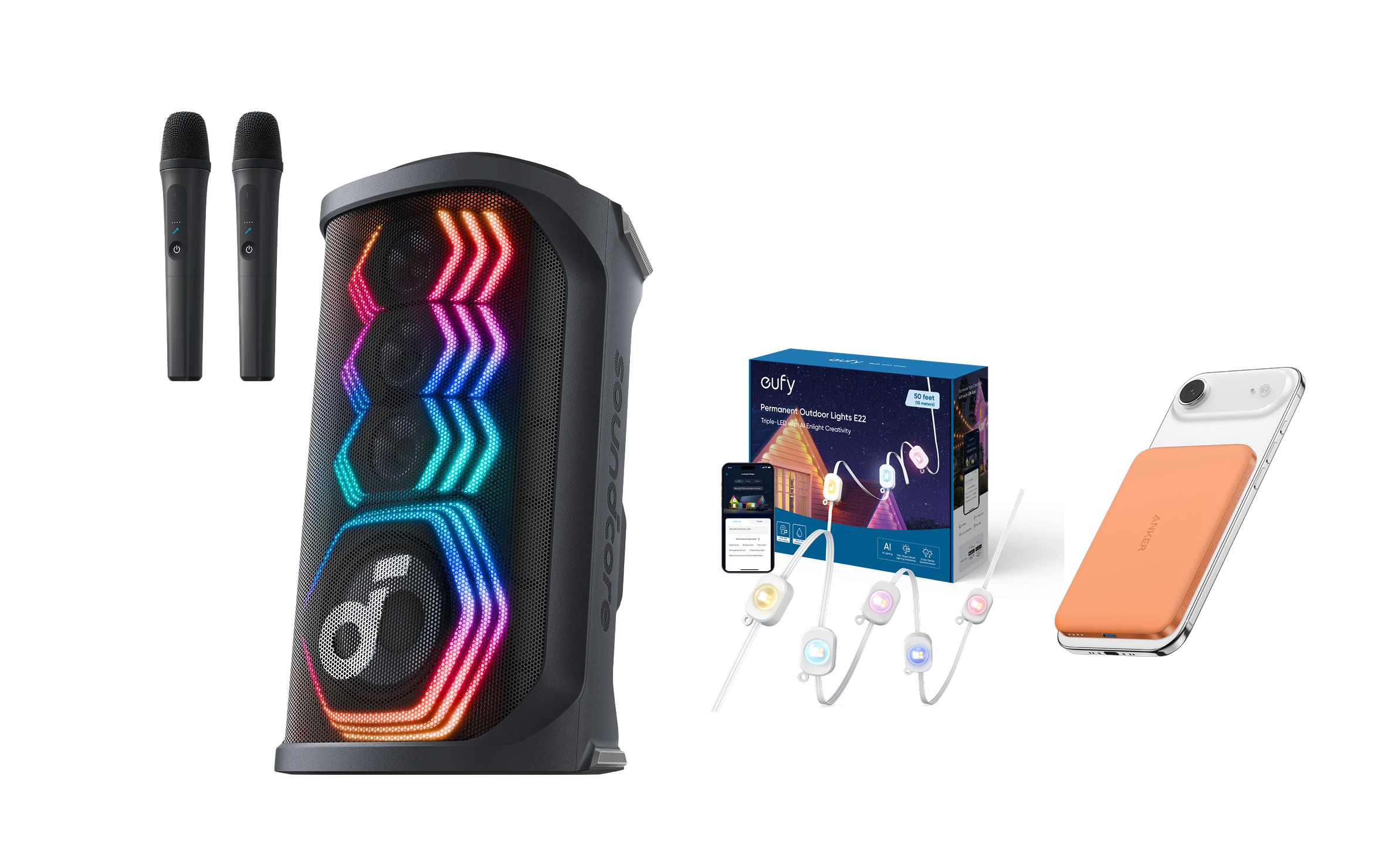 Rave 3S | KI Karaoke Party-Lautsprecher mit 200W Sound+Anker Nano Powerbank (5K, Magnetisch, Slim)+Anker eufy Festinstallierte Outdoor-Lichterkette E22, 15m, 60 Triple-LEDs