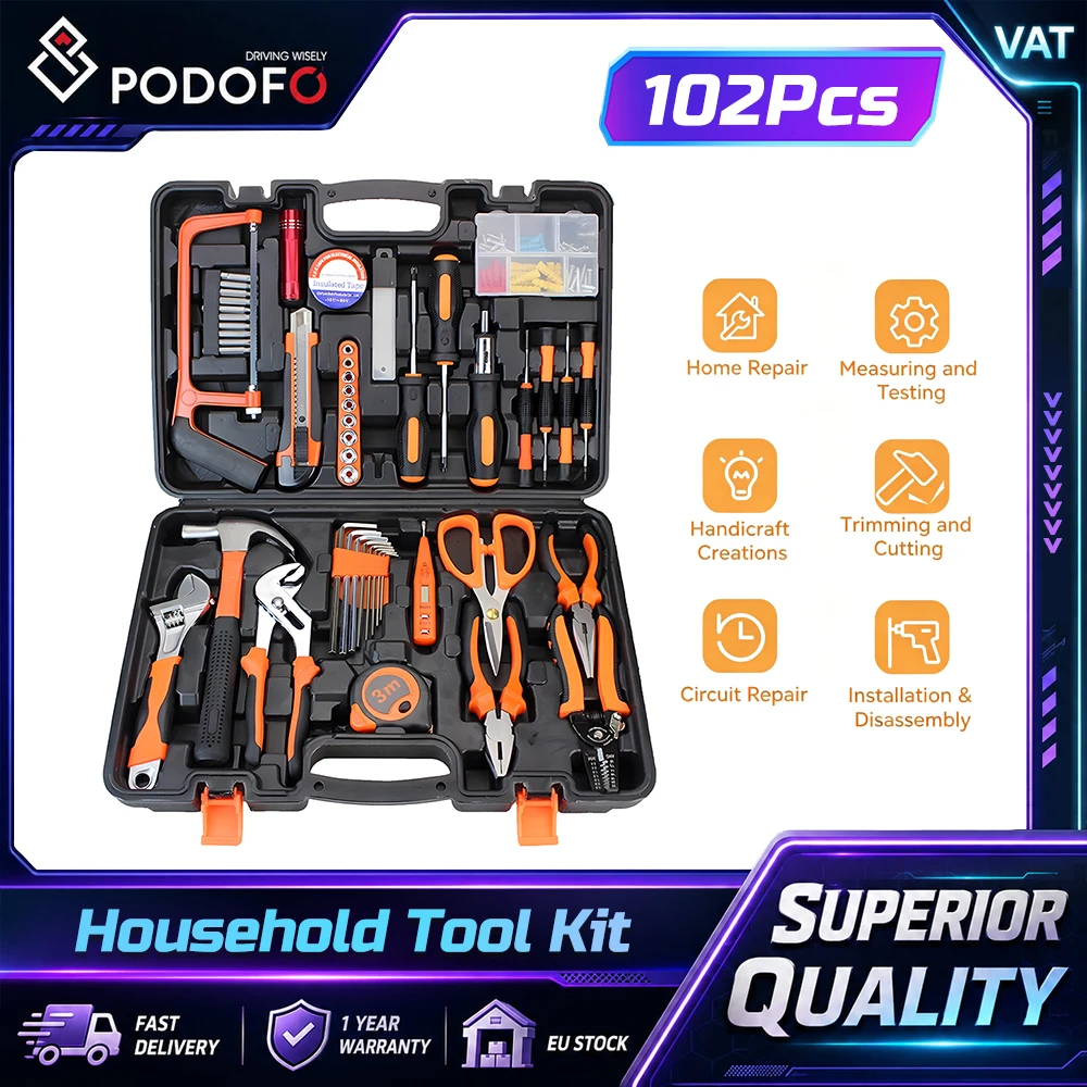 Boîte à outils Podofo, ensemble d'outils professionnels de 102 pièces, boîte à outils complète avec outils, jeu de tournevis, ensemble d'outils pour électricien, outils en acier au carbone de haute