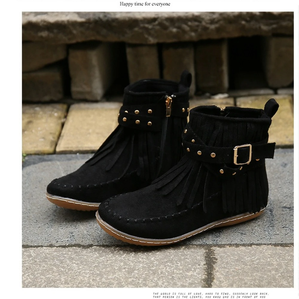 Vintage Damenstiefel Wildleder Knöchelstiefel Fransen Damenschuhe Winterstiefel Damen Seitenreißverschluss Freizeitschuhe Damen Schneestiefel