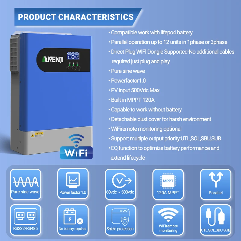 ANENJI 18.6KW onduleur solaire hybride hors réseau 48V 220V MPPT 6500W 120A 500V chargeur photovoltaïque, onduleur solaire à onde sinusoïdale pure avec WIFI intégré, onduleur parallèle