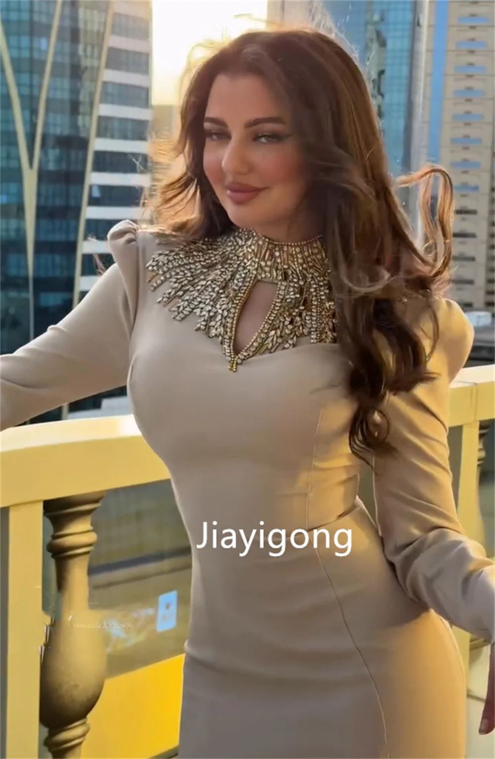 Customized Formal Jersey Pleat Sequined Pattern Mermaid High Collar Long Luxury Party Prom Dresses Intricate