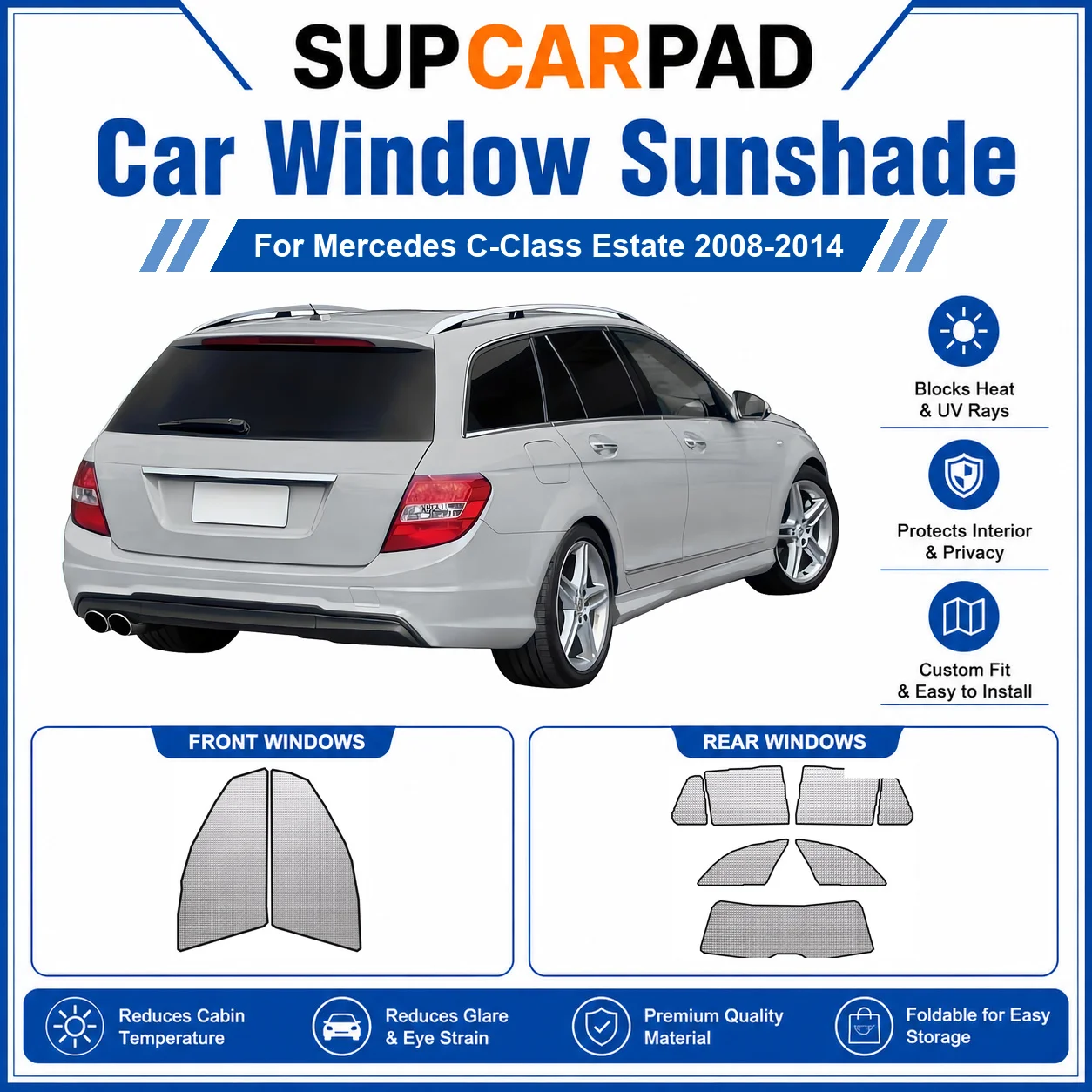 Pour Mercedes - Mercedes Classe C Break 2008-2014 - Ensemble complet de pare-soleil pour vitres de voiture - Protection UV - Isolation thermique - Rideaux de voiture pliables