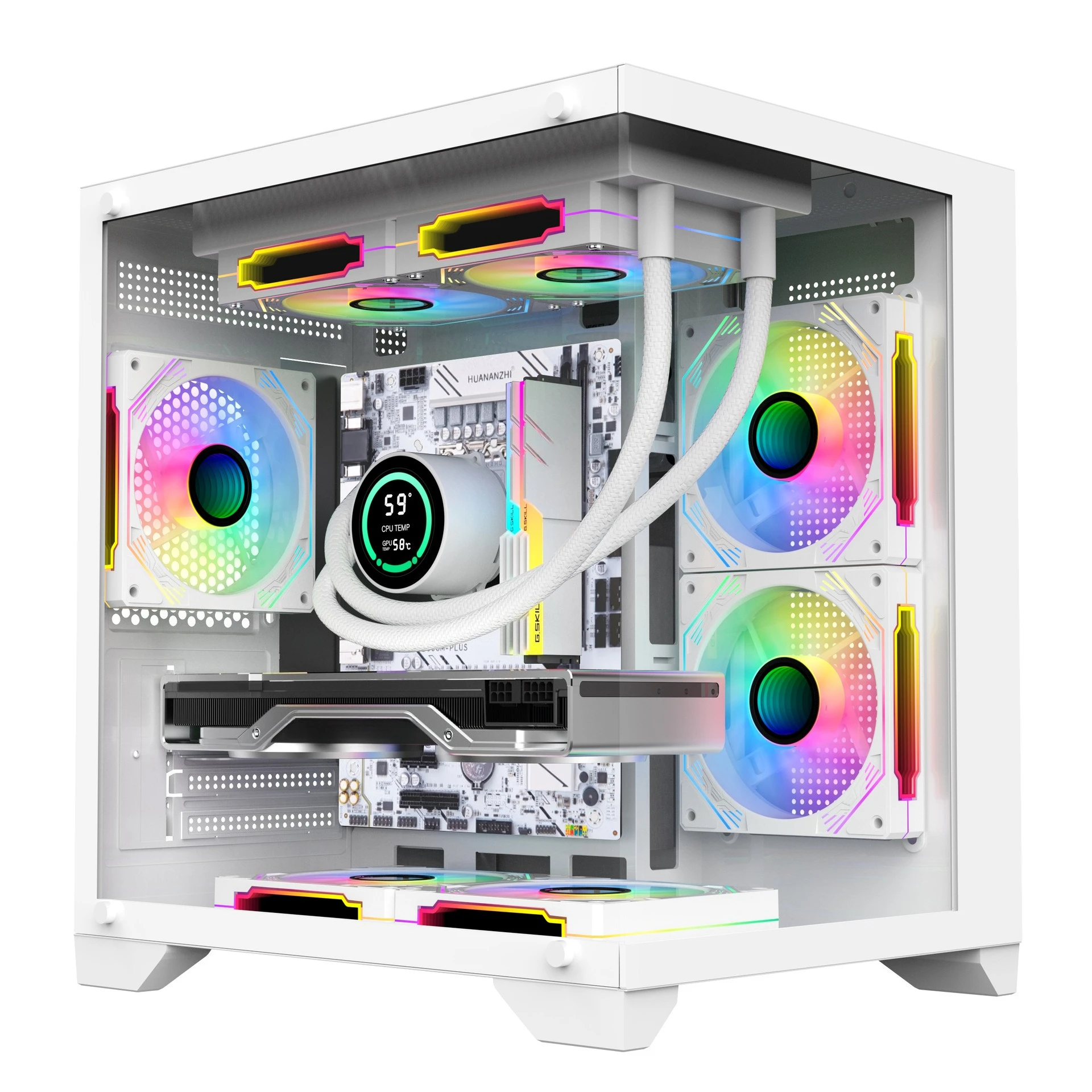Boîtier de PC de jeu blanc avec double vitre en verre trempé, carte mère M-ATX, refroidissement liquide 240 mm, boîtier d