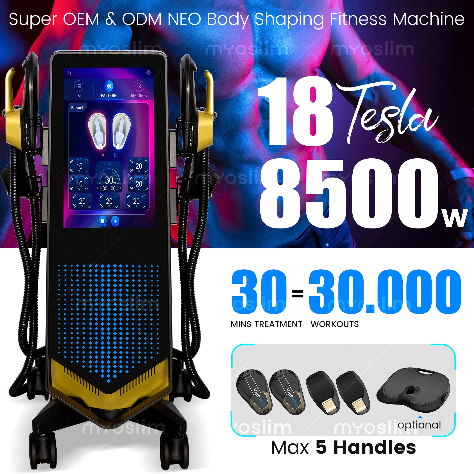 MYOslim Neo EMS Körperformungsgerät RF Muskelstimulator Formungsgerät für Fitness und Wellness 8500W 200HZ