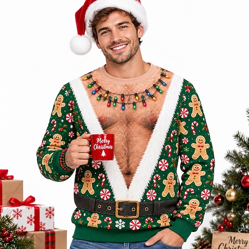 Weihnachten Geschenke für Männer Sweatshirt Hunk Sexy Elf Gruselig Lustig Rundhalsausschnitt für Herren Erwachsene 3D-Druck für Weihnachten Neujahr Geschenke Familientreffen