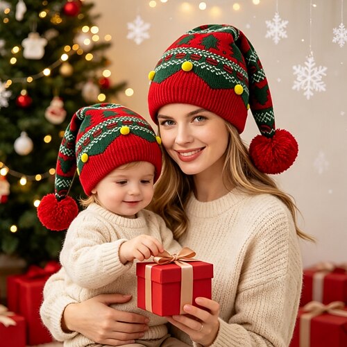Strickmütze Weihnachtshut Weihnachtszubehör Elf Neuheit Lustig für Unisex Erwachsene Kinder Weihnachten Neujahr Heiligabend Party Geschenke Familientreffen Hut