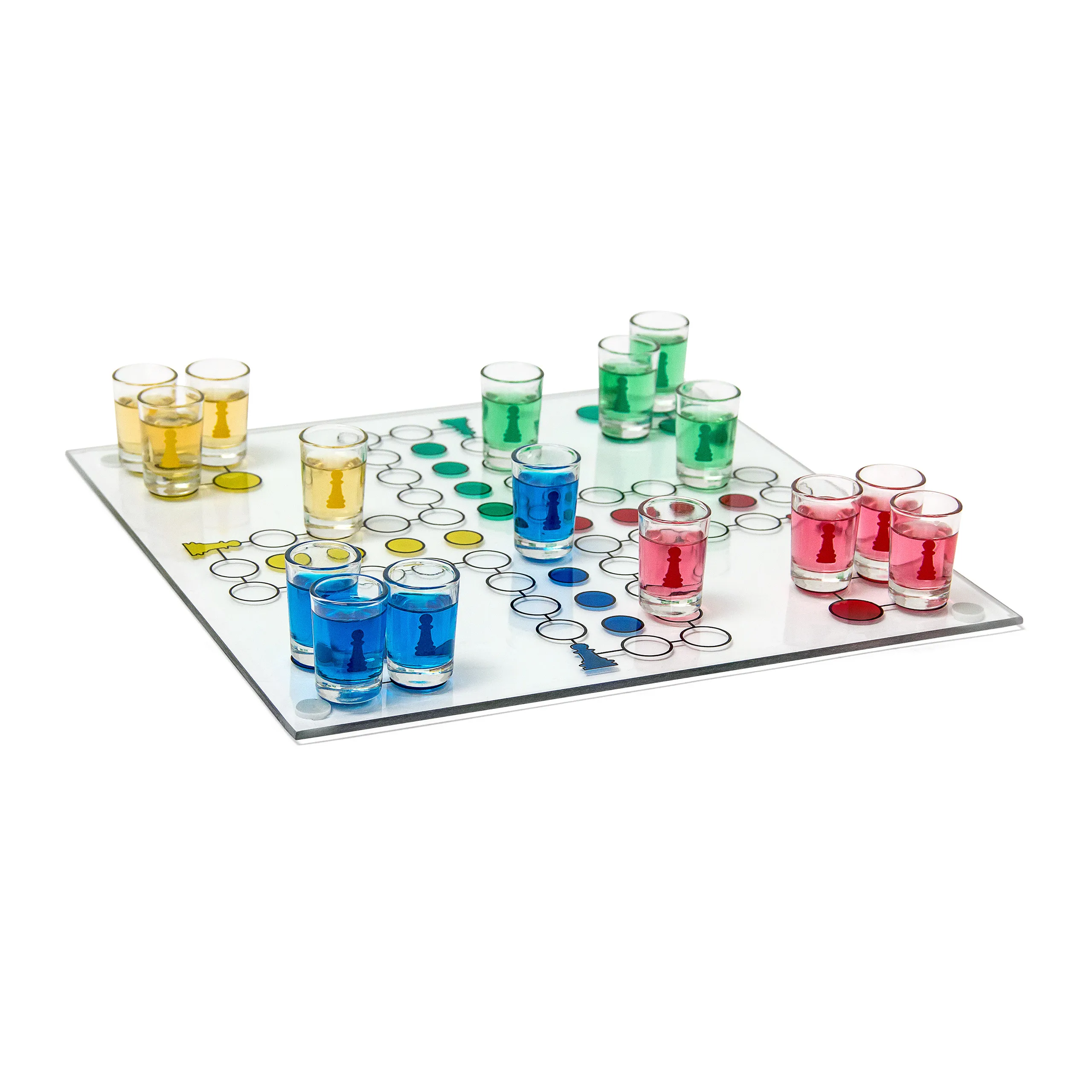 Jeu à boire avec des verres à shot comme pièces de jeu, pour les fêtes et les adultes, plateau en verre, jeu de dés, jeu social, jeu de société, coloré, Relaxdays