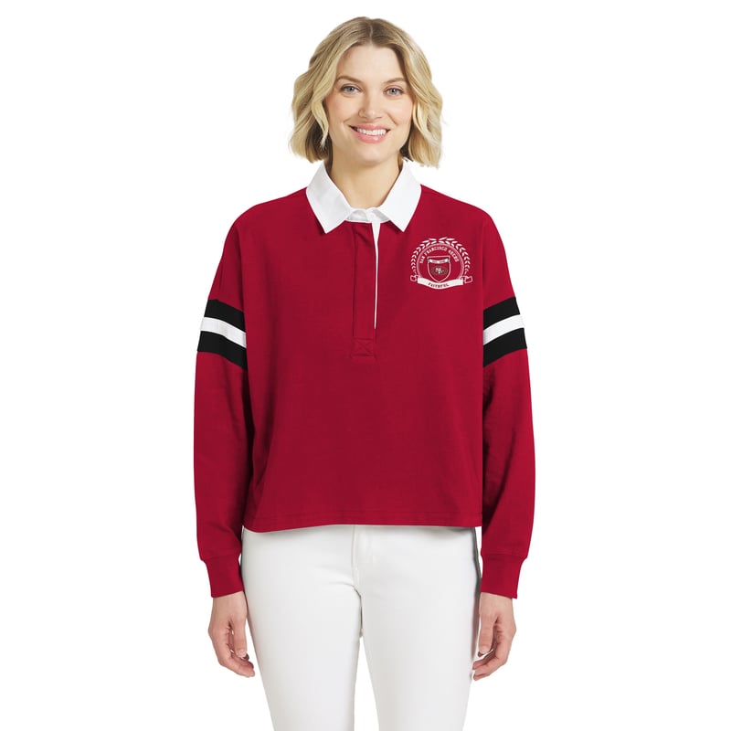 Women's WEAR by Erin Andrews Scarlet San Francisco 49ers Rugby Long Sleeve T-Shirt