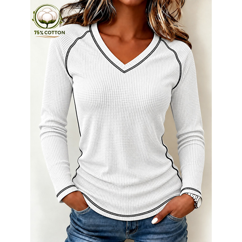 Women's Textured Knit Tops T Shirt Vintage Fashion Stylish Long Sleeve V Neck Regular Tops Casual Going out Vacation Wear White Black Yellow Spring Fall Winter