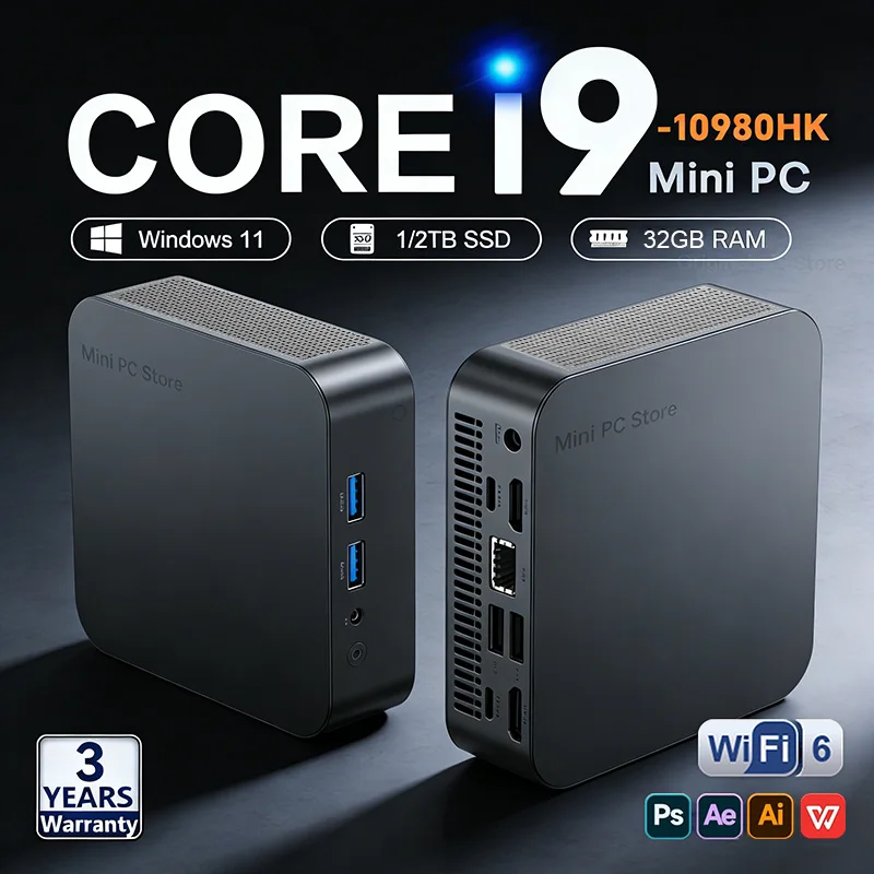 NEW Intel Core I9 10980HK/N150 Portable Mini PC Computer Windows 11 32GB RAM 1/2TB SSD Gaming Computer WiFi6 Office Mini Desktop