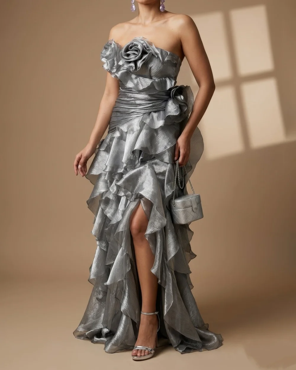 Gray Fashion Intricate Pleat Ruched Handmade Flower Tiered Mermaid Strapless Floor-Length Women's Evening Dresses Customize