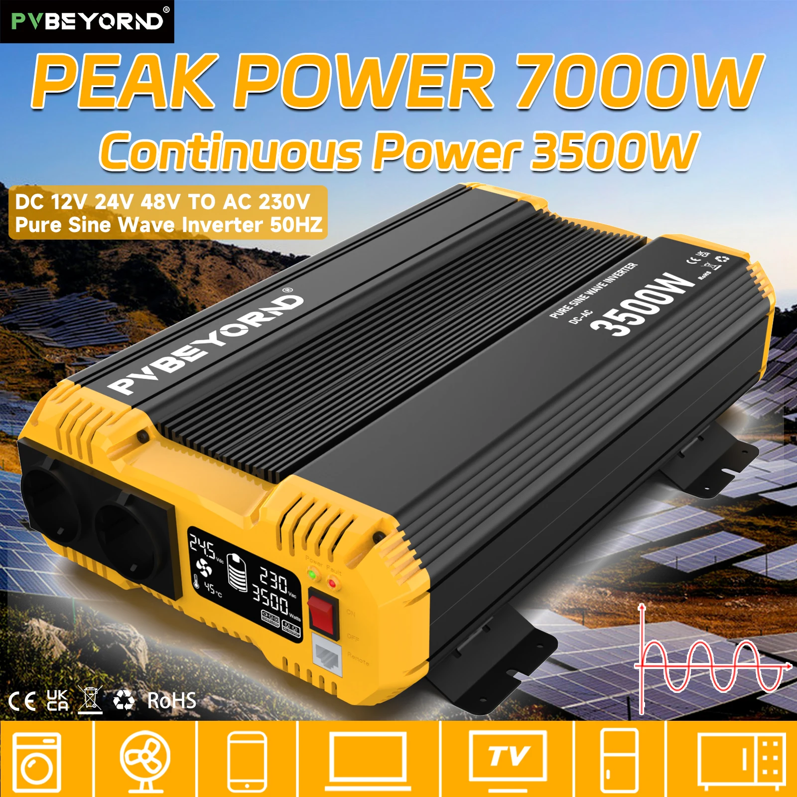 Onduleur à onde sinusoïdale pure PVBEYORND 7000W, onduleur de puissance DC 12V 24V vers AC 220V 230V 50Hz, onduleur à onde sinusoïdale, puissance continue 3500W, onduleur de haute qualité doté d