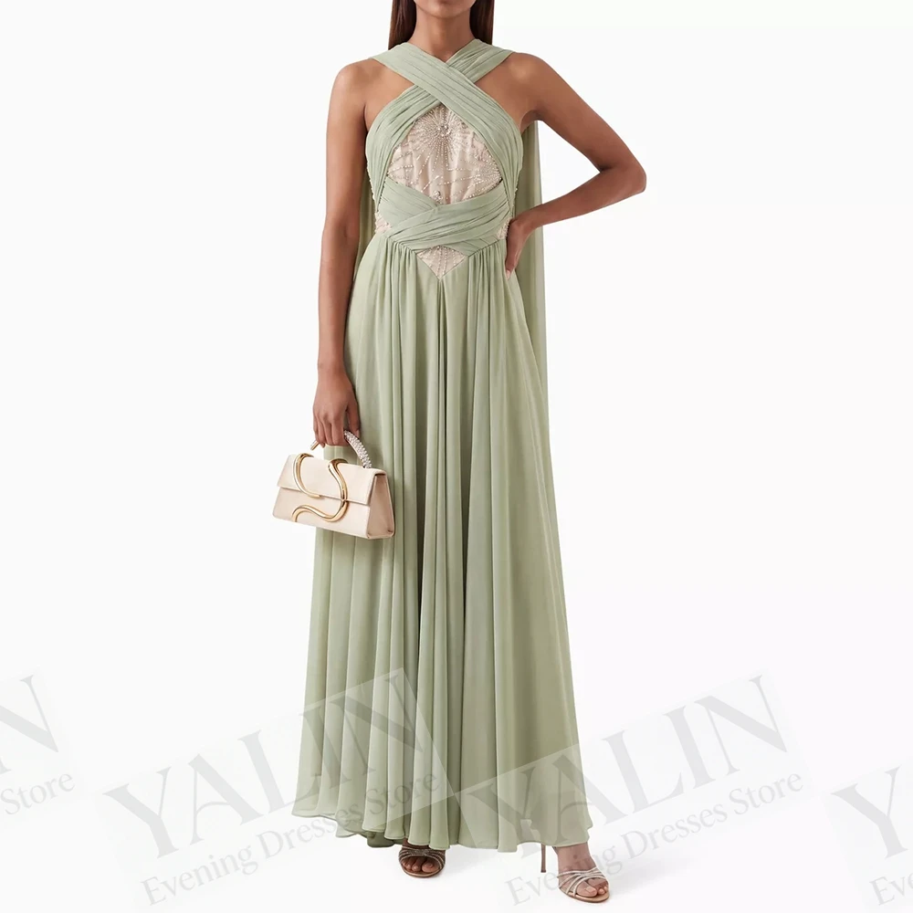Women's A-line Evening Dresses Ankle-length V-neck Sleeveless Prom Dresses Fashion Crystal Stole Simple Draped Customized Gowns