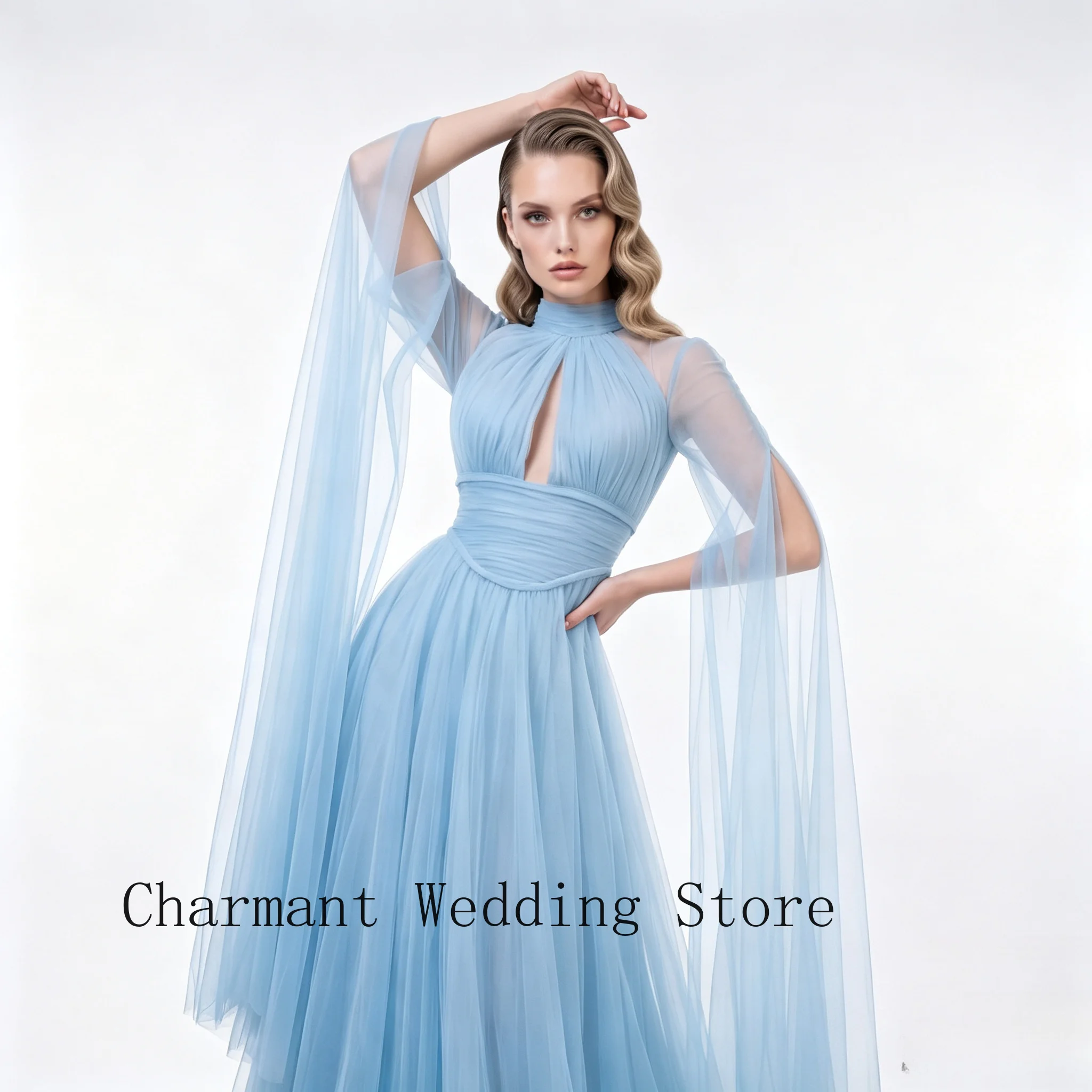 Light Blue Modest Prom Dress High Neck Keyhole Front Pleated Waist Flowy Cape Sleeve Multi-Layer Tulle Floor‑Length