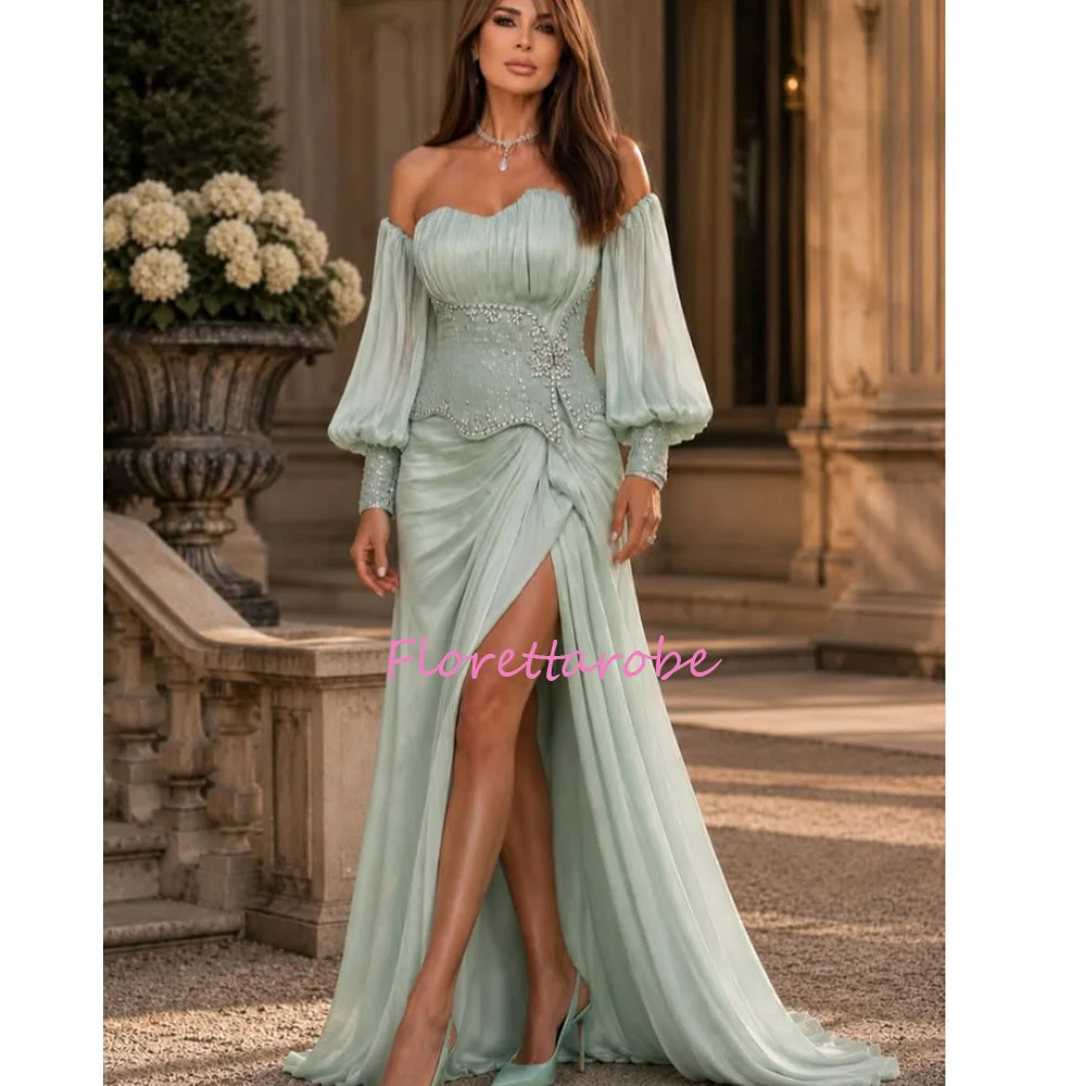 Stunning Mint Sweetheart Evening Dresses A Line Detachable Long Puff Sleeves Side Slit Beads Sequins Women Prom Gowns Customized