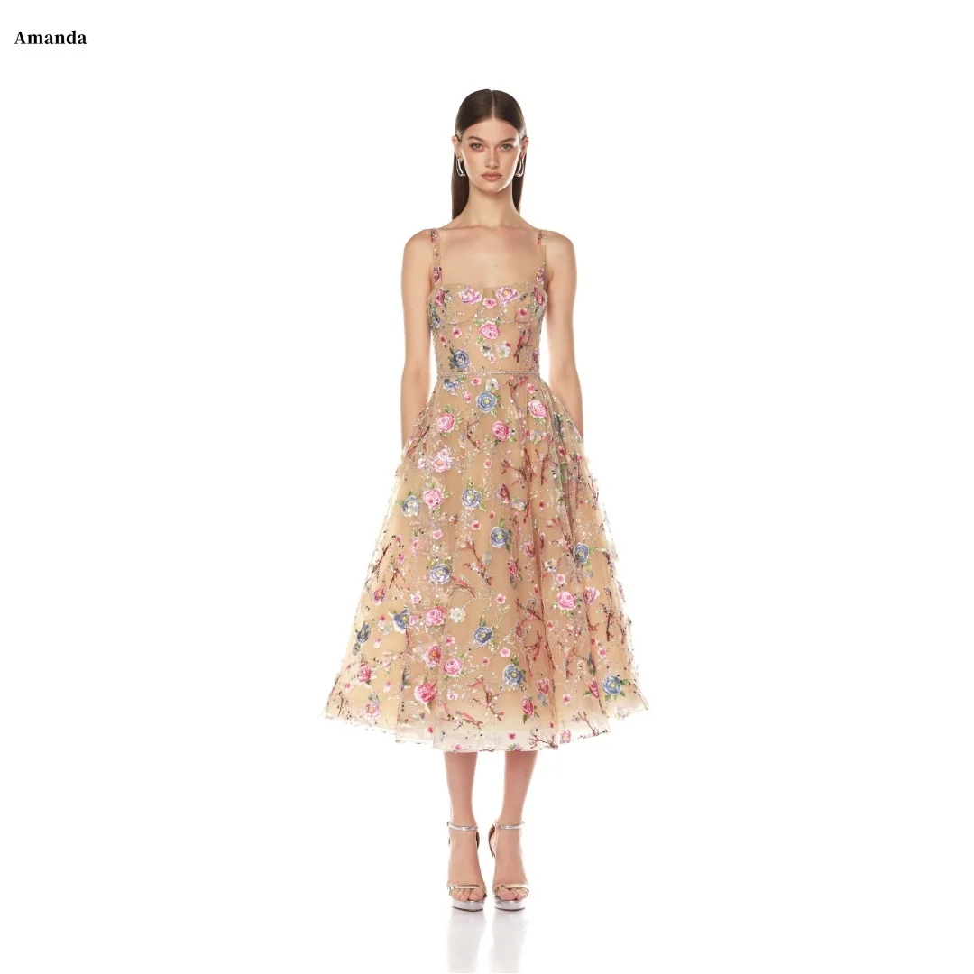 Amanda Customized Champagne Appliques Prom Dress Spaghetti Strap vestidos de noche Strapless Ankle-Length Formal Evening 2025