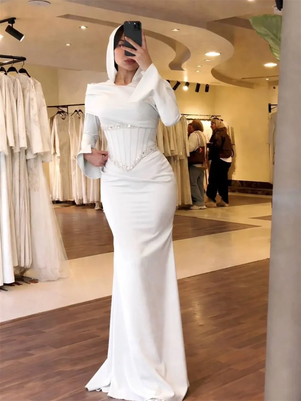 Ailbxn Modest Mermaid Evening Dresses Long Sleeve Rhinestone Prom Dresses Satin Formal Party Dresses Customized
