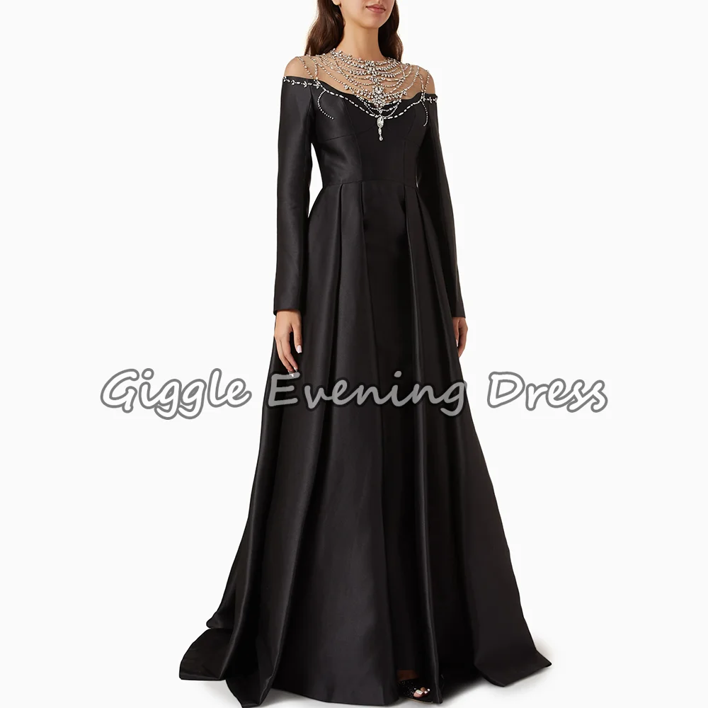 Black Satin Evening Dresses O-Neck Luxury Crystal Beading A-line Long Dresses Bespoke Occasion Elegant Party Gown Customized
