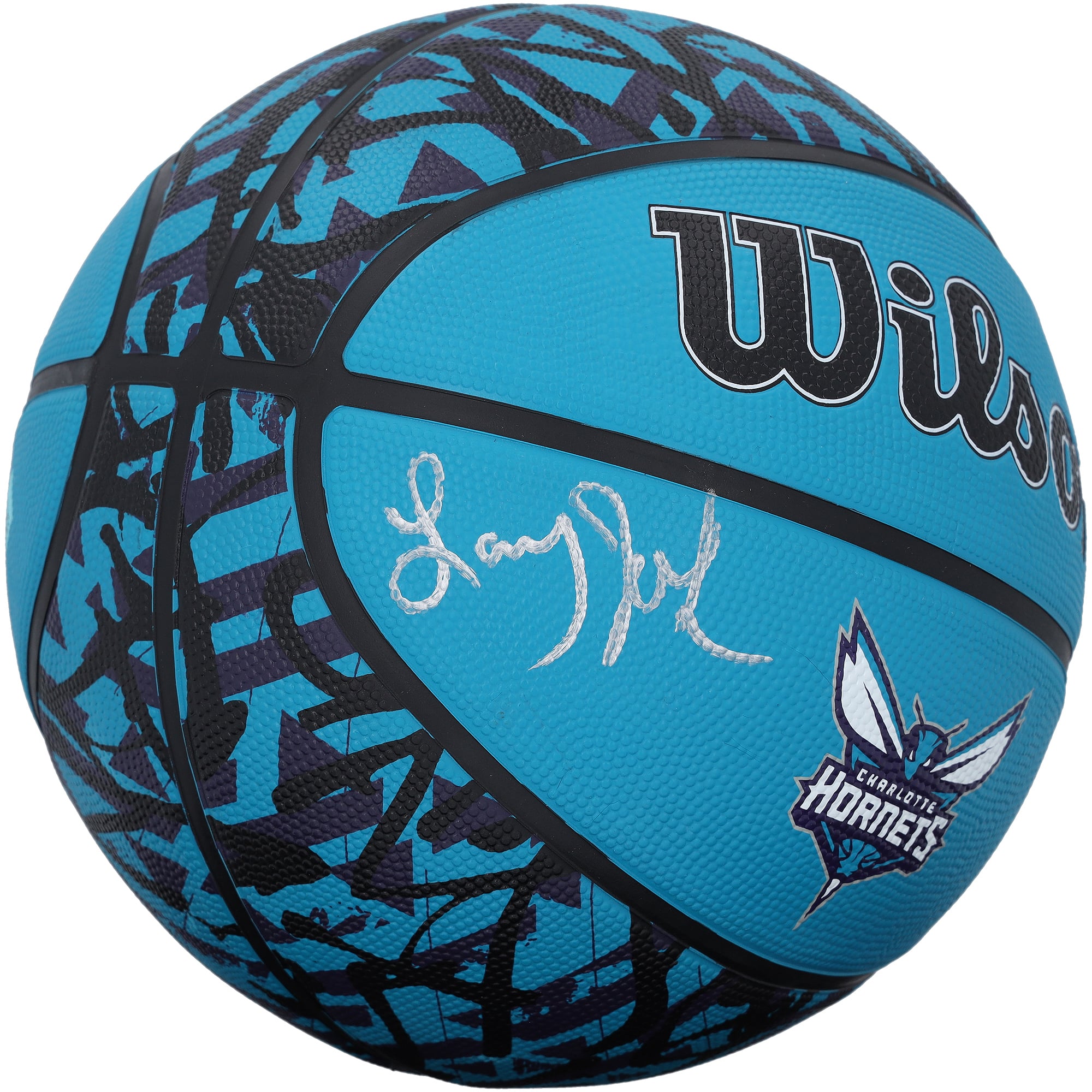 Larry Johnson Charlotte Hornets signierter Wilson-Basketball in Schwarz und Türkis mit Graffiti-Muster