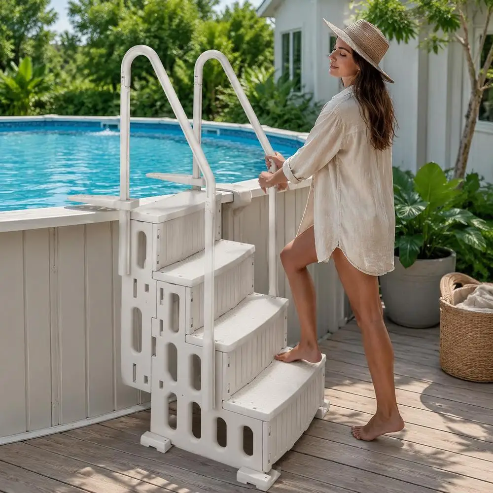 Échelle pour piscine, marches en plastique pour piscine avec 2 rampes, 4 marches antidérapantes, capacité de charge de 180 kg, marches pour piscine pour piscines enterrées de 122 à 137 cm, terrasse,