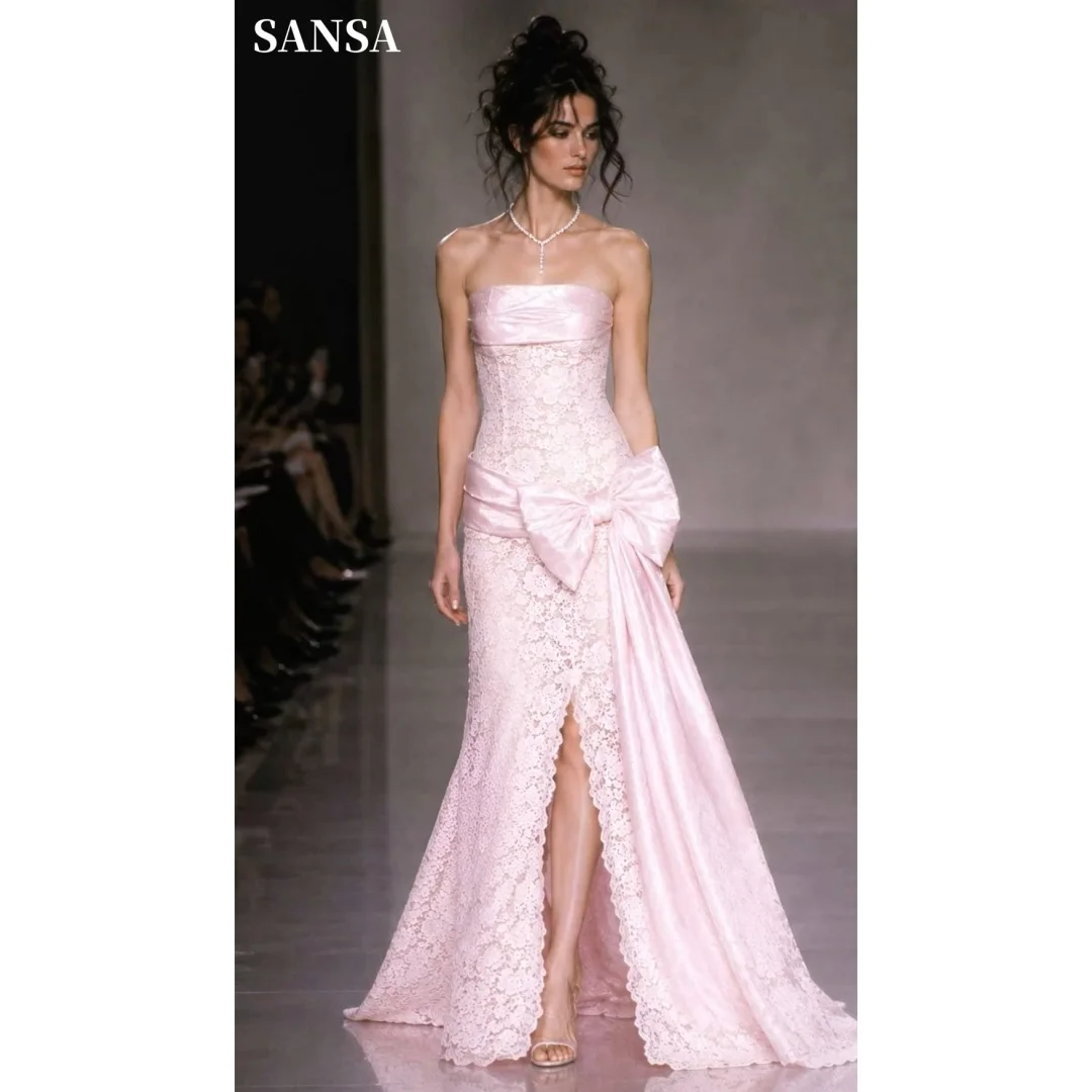 Sansa Customized Strapless Prom Dresses Lace Embroidery Side Split Vestidos De Noche Pleated Bow Waist Cinching Formal Evening