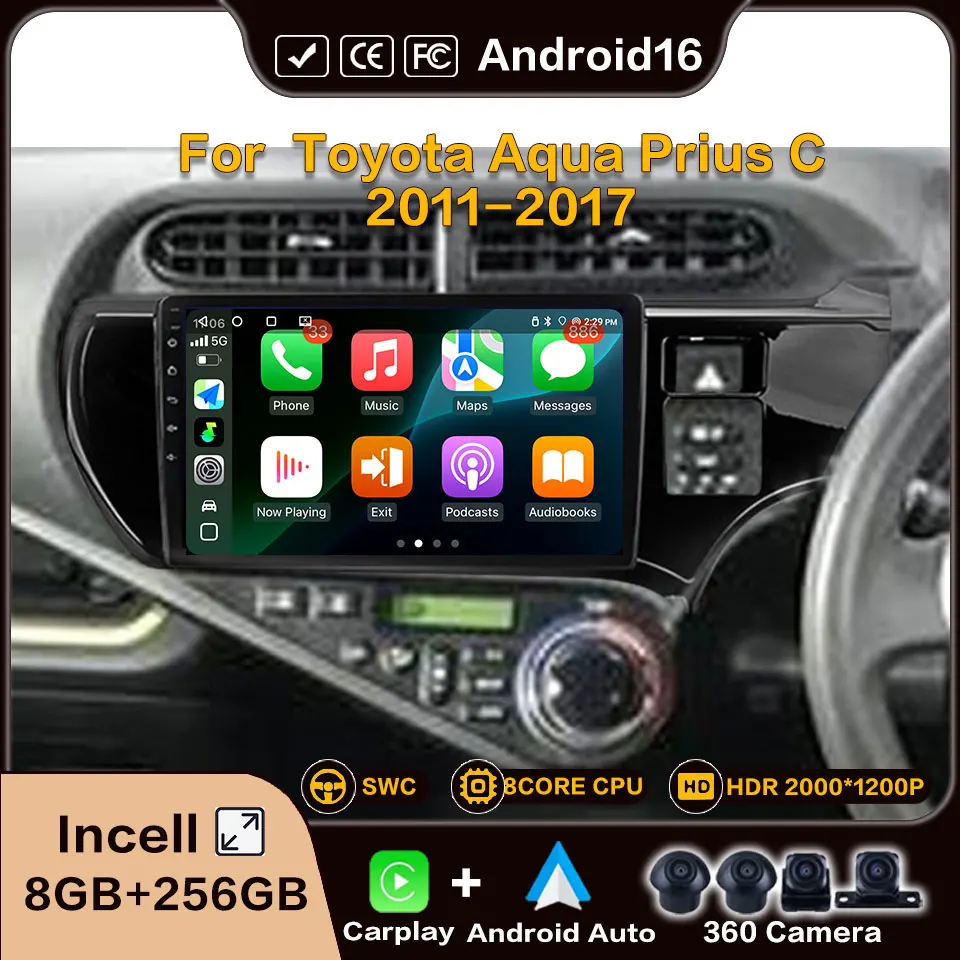 Autoradio Android 2DIN sans fil CarPlay Android Auto pour Toyota Aqua Prius C 2011-2017, multimédia 8 cœurs, Wifi, GPS, vidéo embarquée 4G