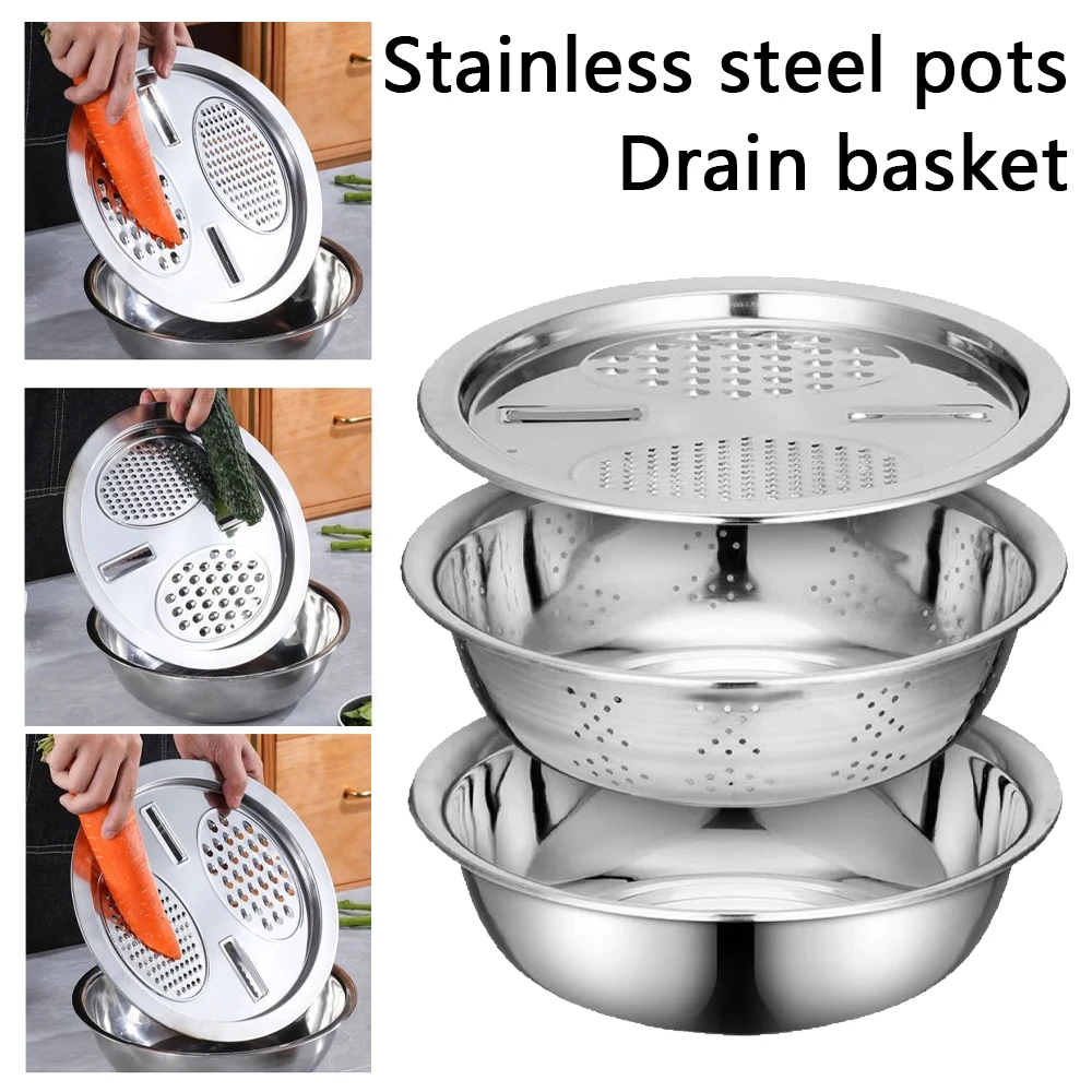 3-teiliges Abtropfkorb-Set aus Edelstahl, 25 cm multifunktionales Küchensieb-Set mit Schneide-/Reibe-Deckel, Waschbecken und Siebkorb, zum Waschen, Schneiden und Zerkleinern von Gemüse und Obst, Haushaltswerkzeug für die Essenszubereitung.
