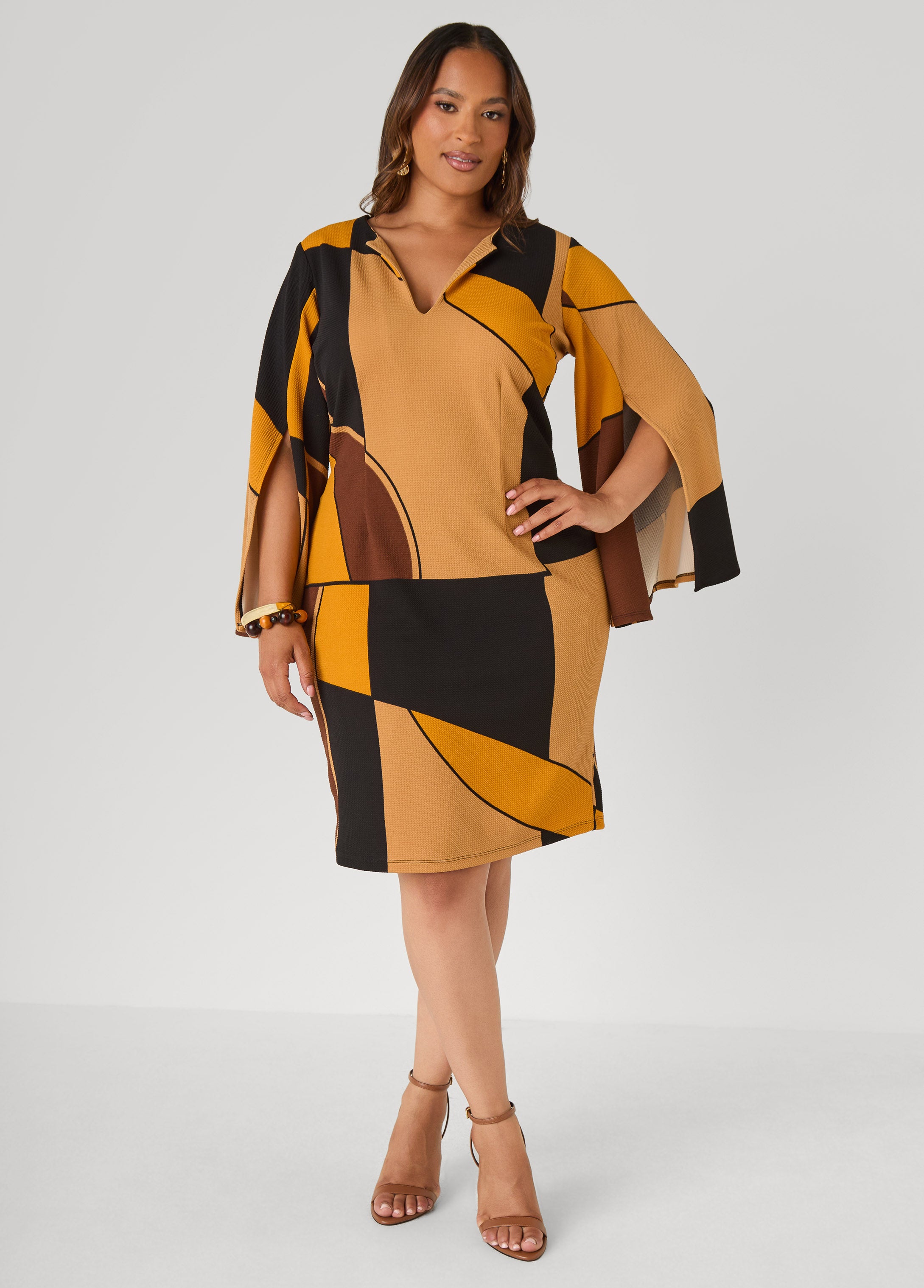 Plus Size Split Sleeve Abstract Sheath Dress