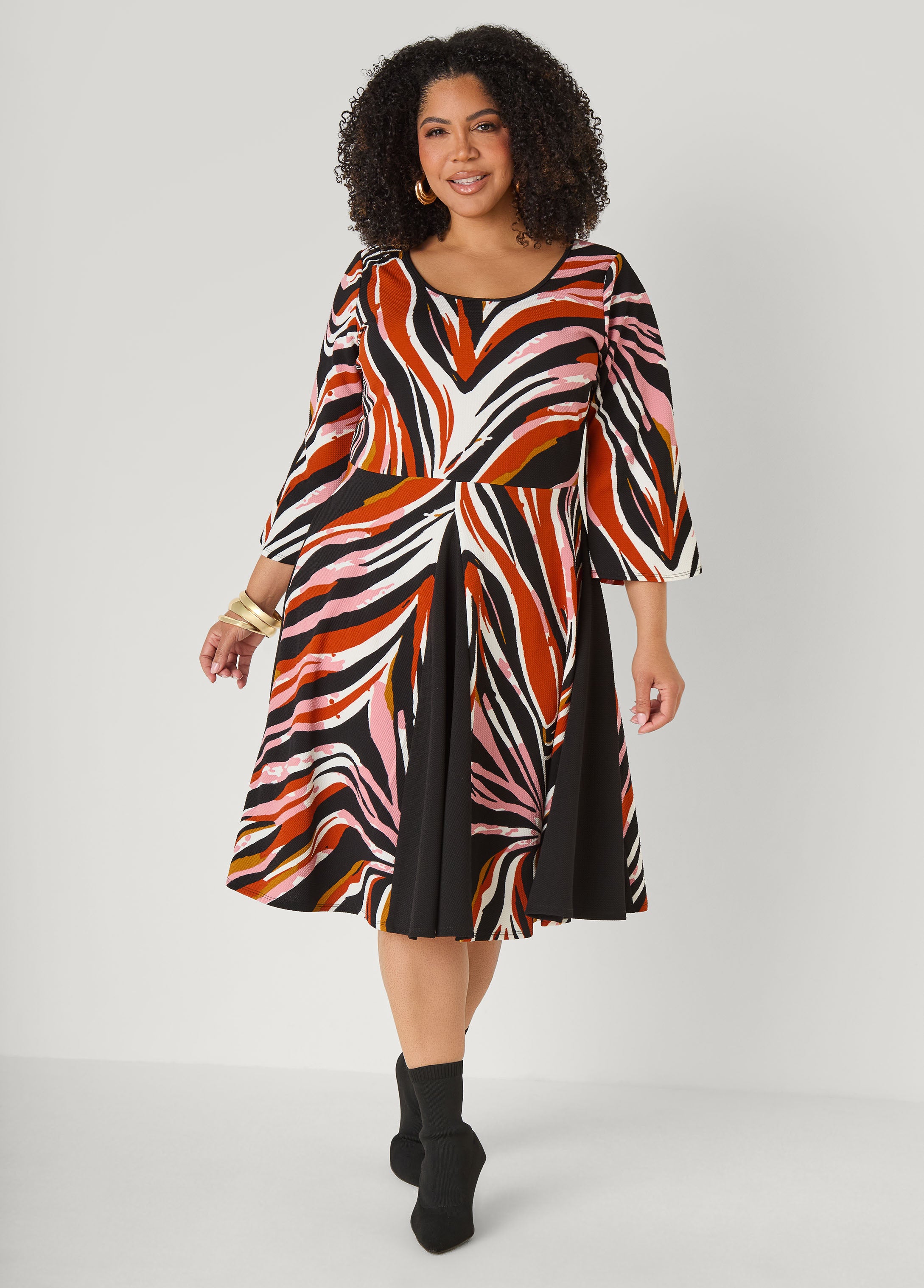 Plus Size Bell Sleeve Abstract A Line Dress