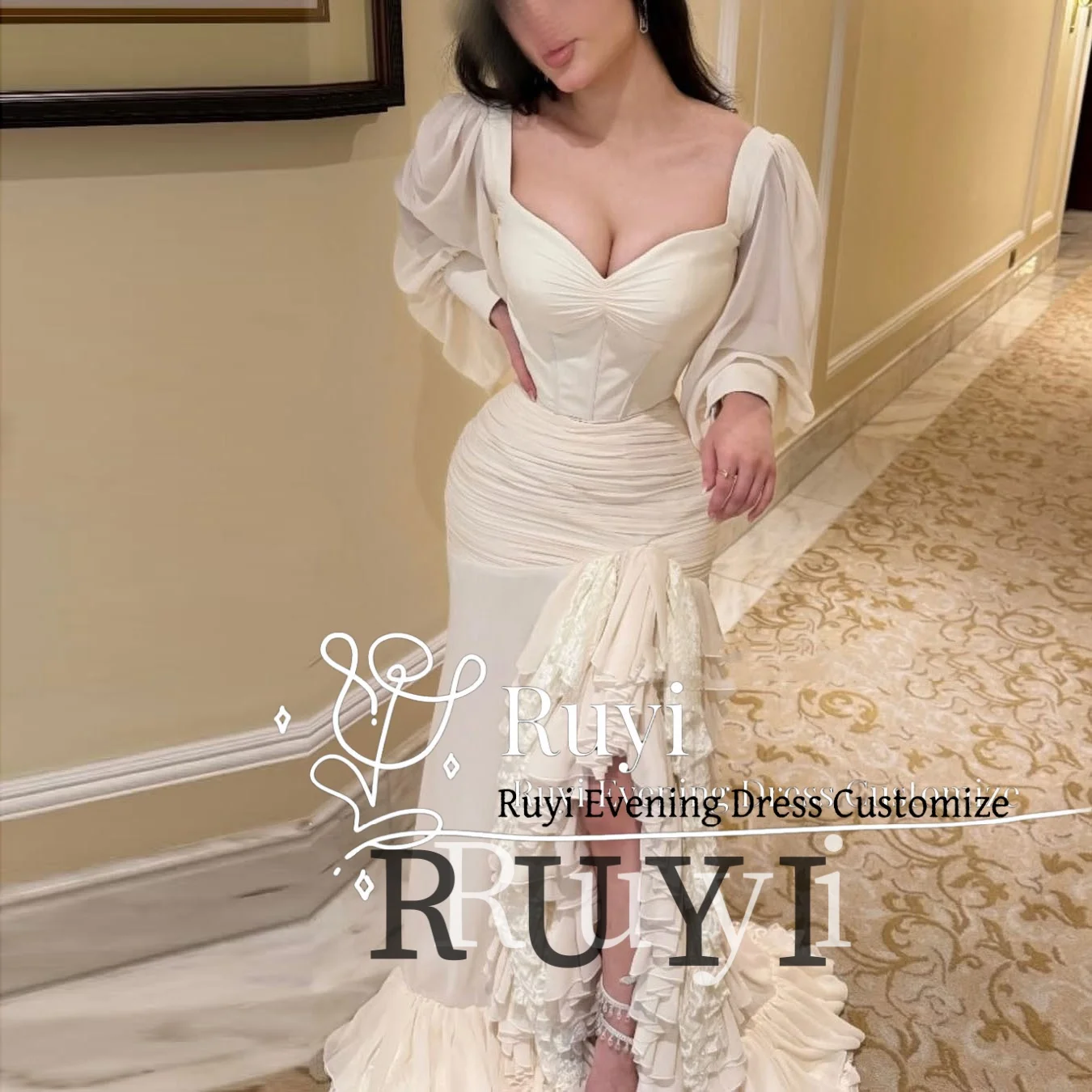 Customized Long Sleeves Pleats Chiffon Lace Ruffles Luxury Women's Evening Dresses Side Slit Long Formal Elegant Party Dresses