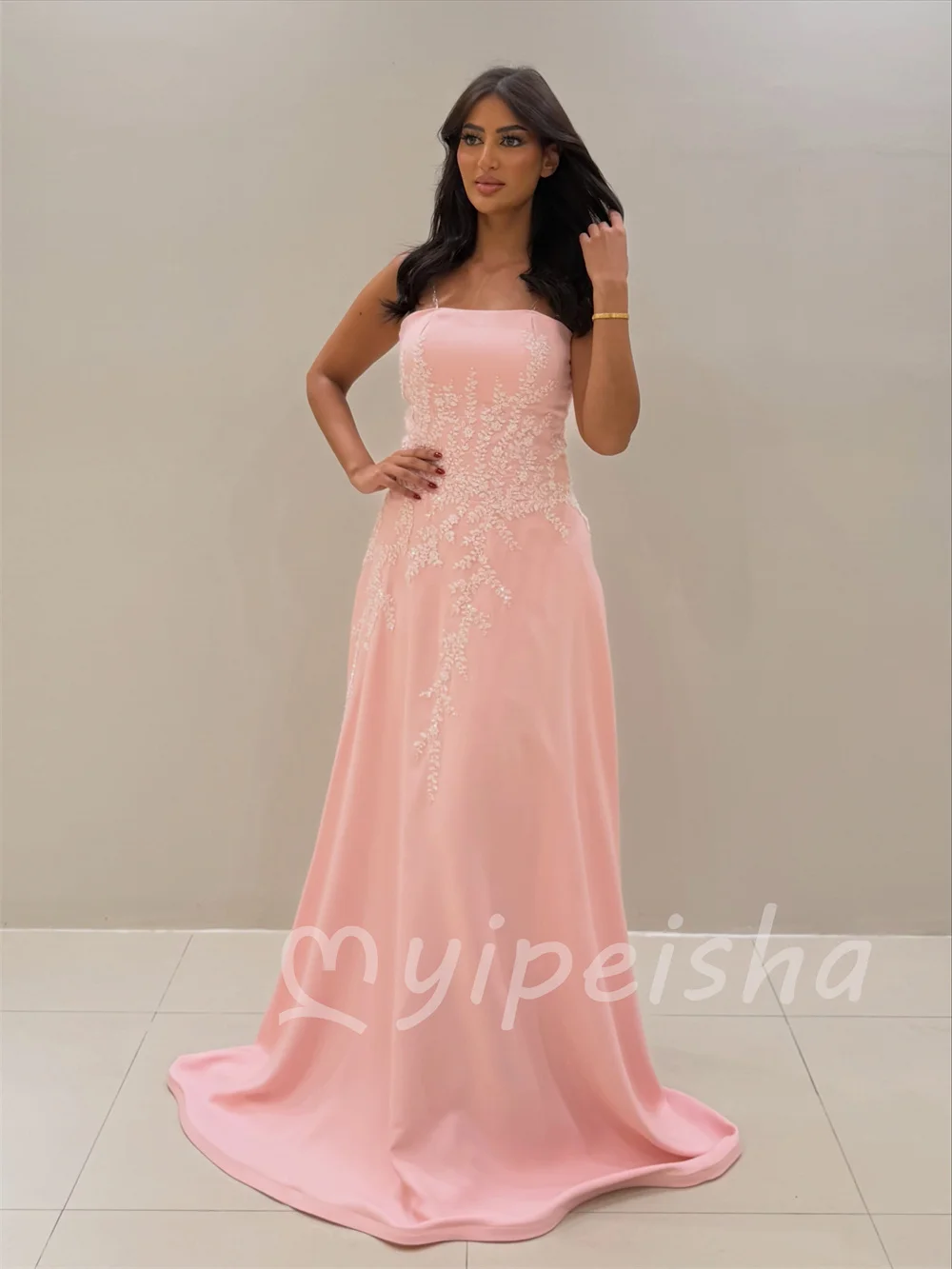 Pink Intricate Matching Jersey Applique Sequined Beading A-line Strapless Floor-Length Evening Dresses Guest Customized