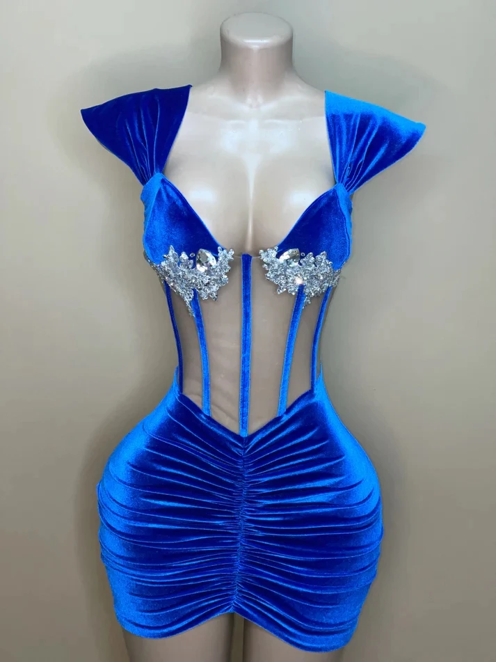 Blue Short Prom Dresses For Black Girls Velvet Beaded African American Birthday Party Dresses Homecoming Cocktail Dresses