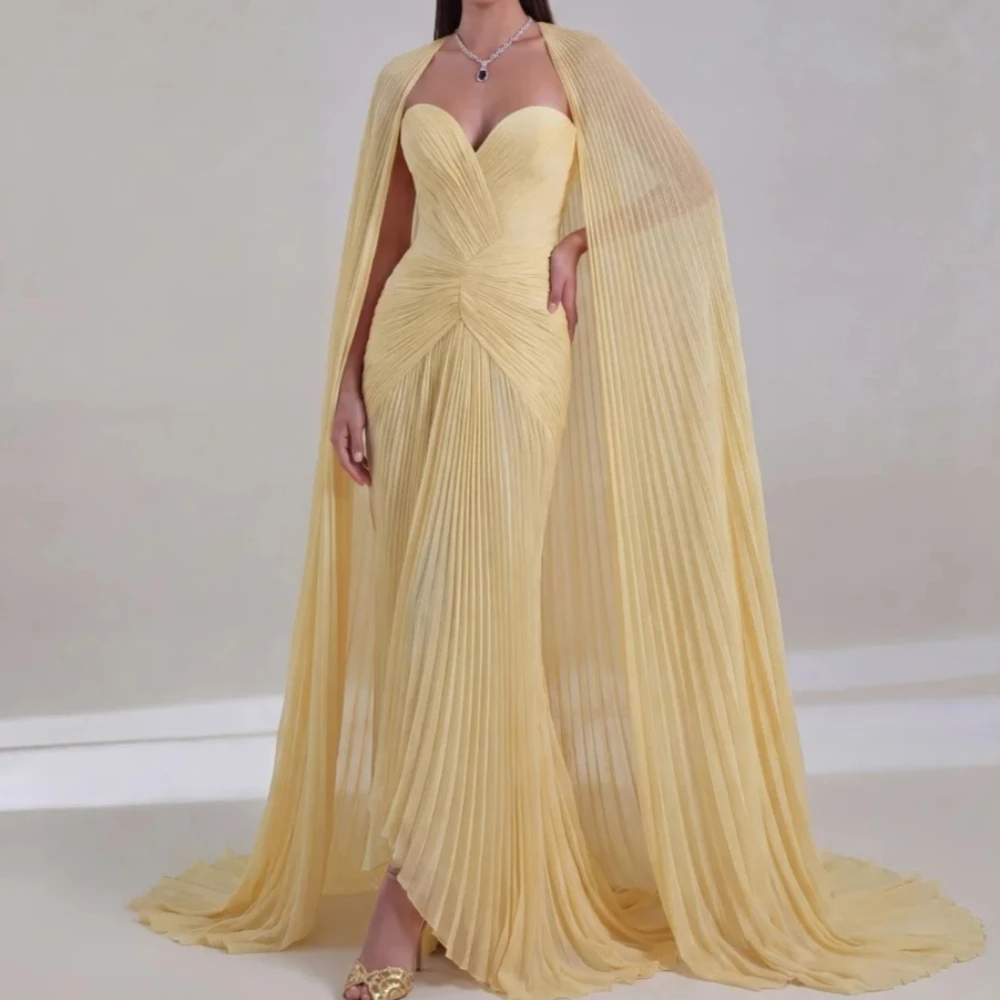Customized Simple Sexy Yellow Chiffon Pleat Draped Mermaid Strapless Floor-Length Evening Dresses Sizes Available for Woman