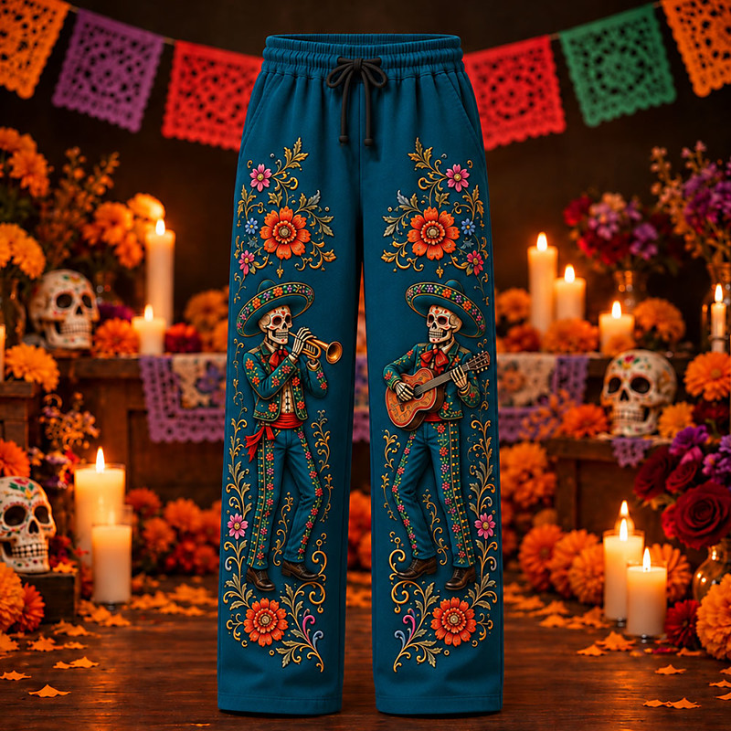 Men's Skull Day of the Dead Rose Casual Pants Mid Waist Casual Casual Outdoor Drawstring Elastic Waist Straight Leg Trousers Summer Spring Fall Graphic Print Red Blue Green