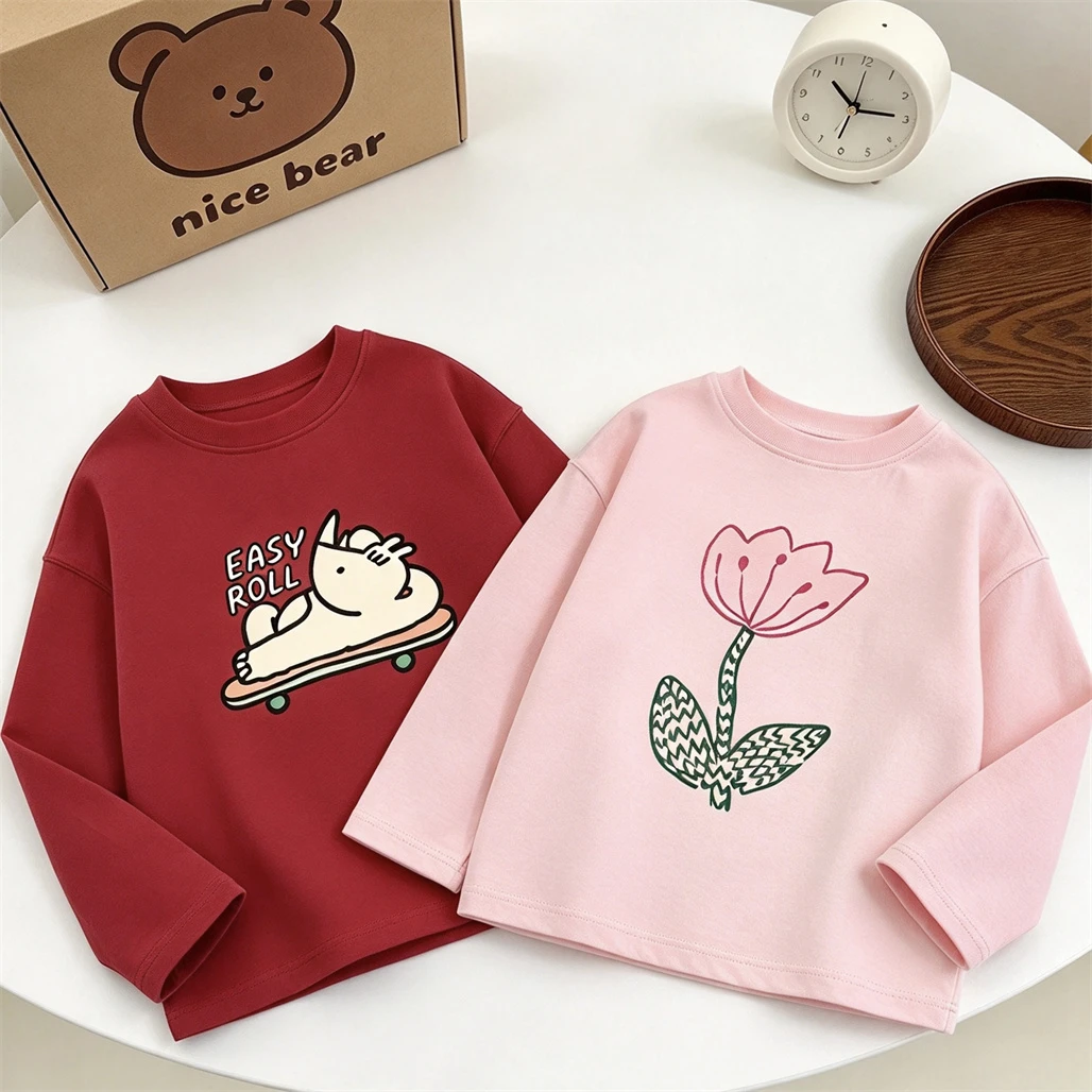 Small Child Round Neck Base Shirt Pure Cotton Clothing Long-sleeved Tops Outer Wear Toddler Wear Thin Simple Versatile Tees