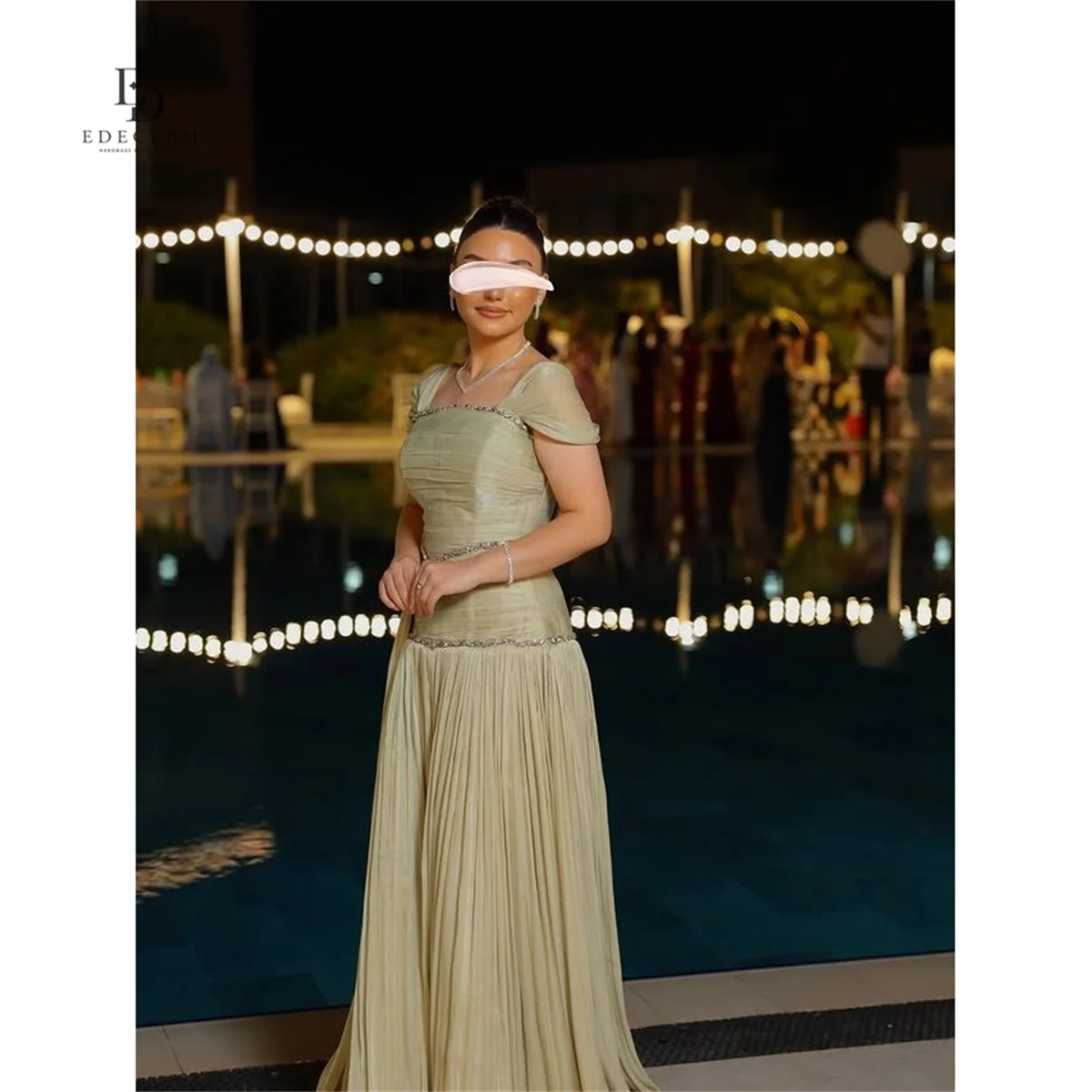 ED Green Square Collar A-Line Evening Dress Beaded Detail Prom Dress Short Sleeve Ruched Bodice Draped Detail Customized