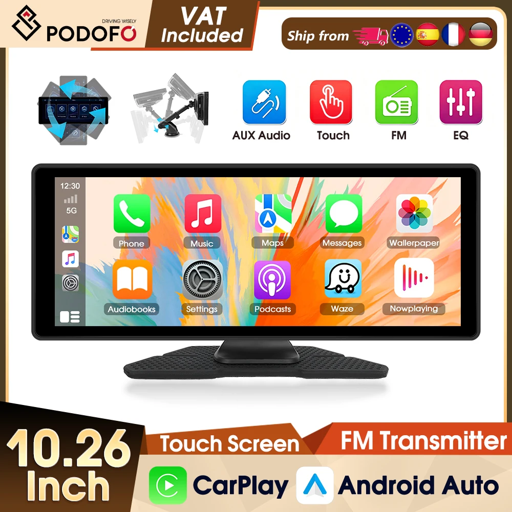 Podofo, autoradio multimédia avec écran de 10,26 pouces, lecteur vidéo, compatible avec Carplay sans fil, Android Auto, Bluetooth, Wi-Fi, égaliseur, FM, USB et caméra embarquée.