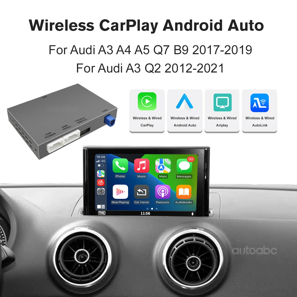 CarPlay sans fil et Android Auto pour Audi A3, A4, A5, Q7 B9 (2017-2019) et Audi A3 Q2 (2012-2021). Autolink, Airplay, caméra de recul, MirrorLink, Bluetooth, navigation, accessoires de caméra
