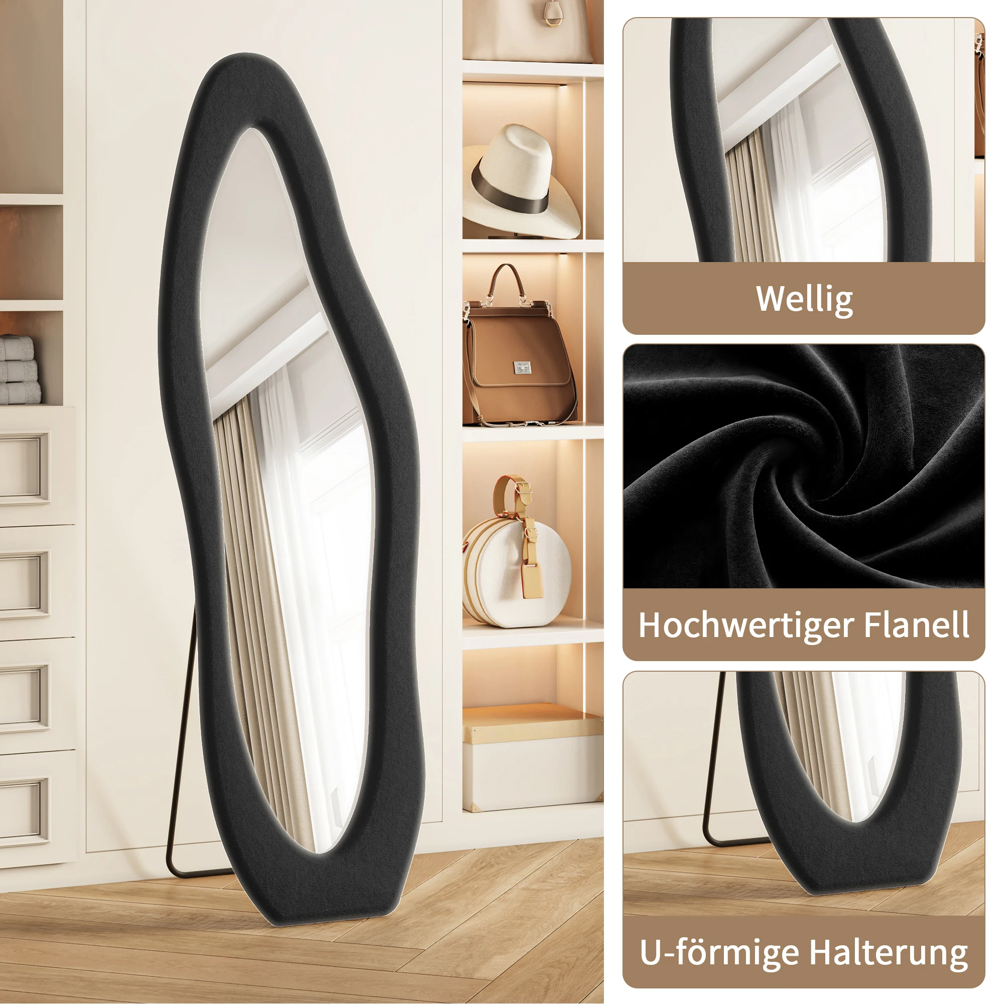 Comanlai 160×50 cm Standspiegel, moderner Ganzkörperspiegel im Kunststil, unregelmäßiger, großer, gewellter Wandspiegel mit Ständer, kann aufgehängt werden, mit Holzrahmen für das Schlafzimmer,