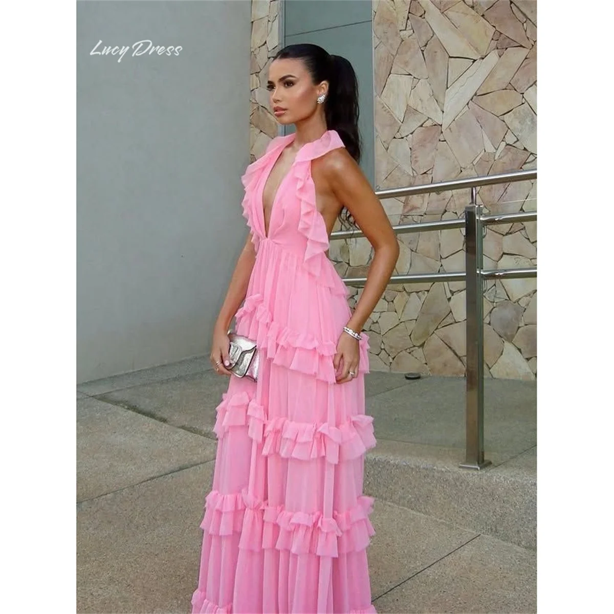 Lucy Pink Prom Dress A-Line Halter Ruffles Evening Dresses Floor Length Party Event Special Occasion Custom Fit Long Customized