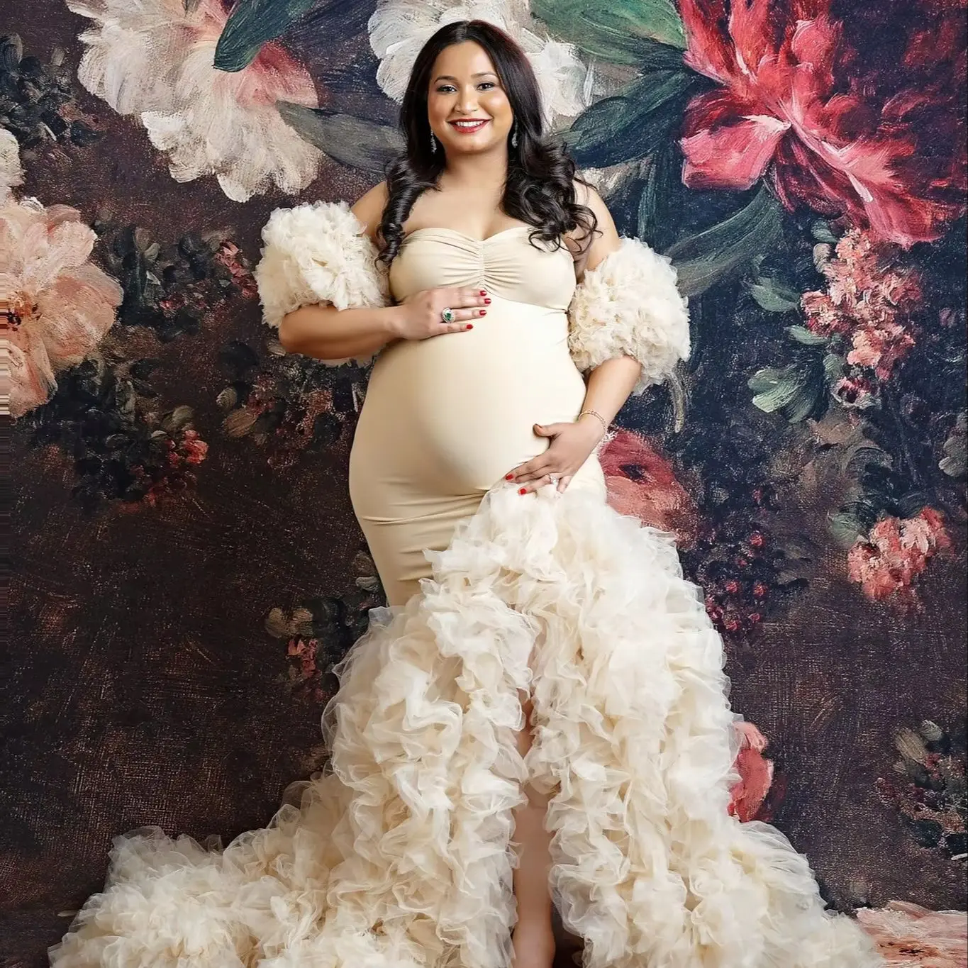 Luxury Ivory Prom Dresses Layers Tulle Maternity Dress Customized Trumpet Sweep Train vestido de novia Photography Props