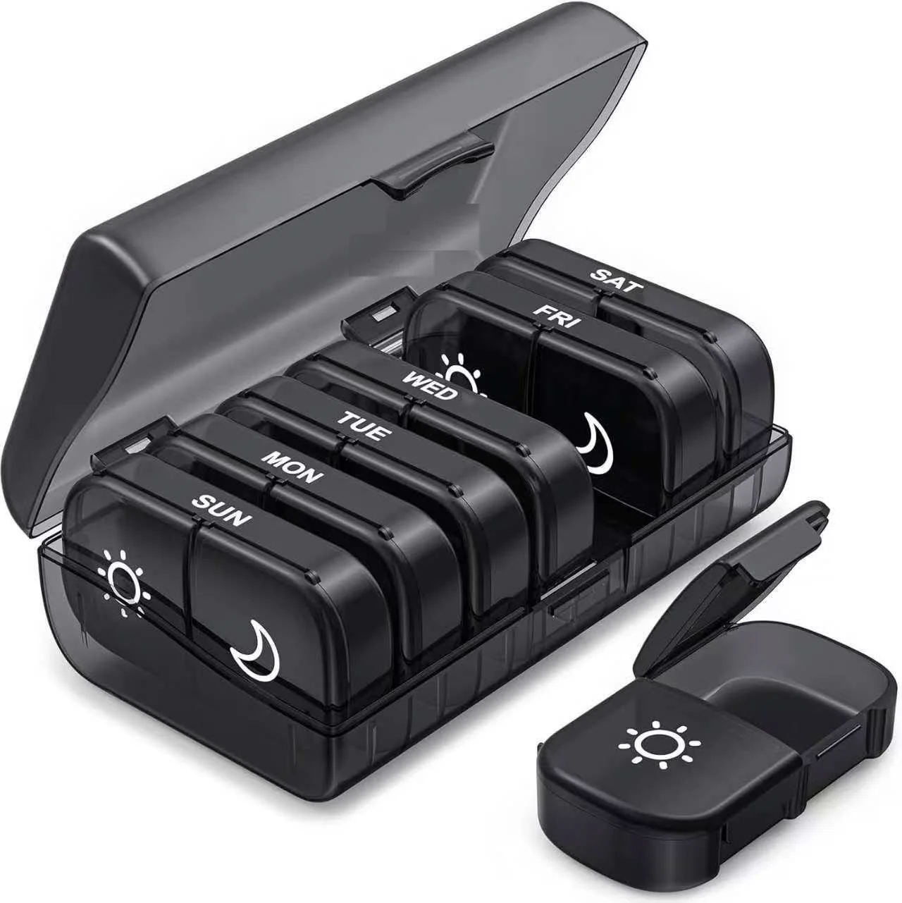 Weekly Pill Organizer 2 Times a Day, Pill Box 7 Day with One-Side Large Openings, Black Privacy Protection AM PM Pill Case